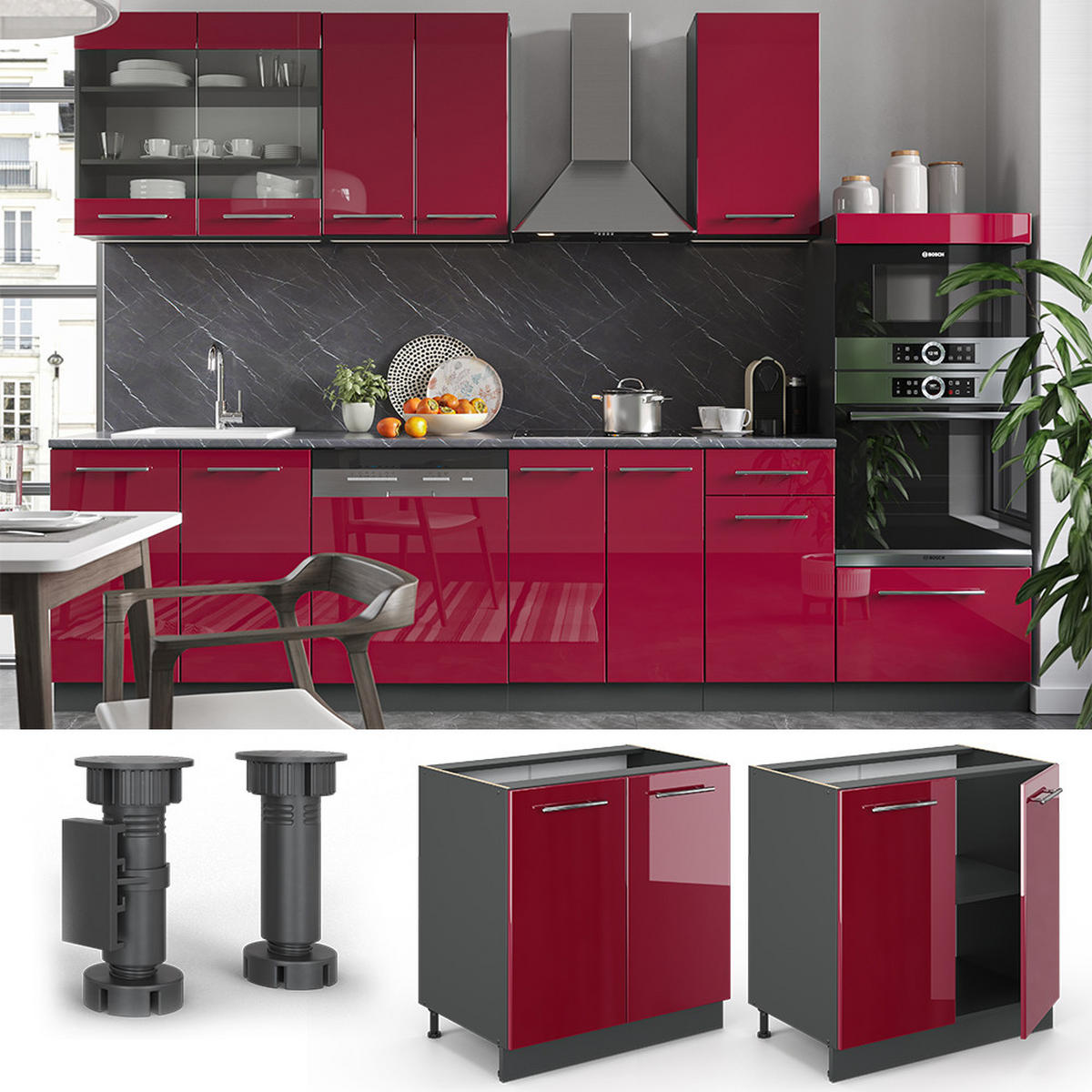 SPÜLENUNTERSCHRANK Fame-Line Bordeaux Hochglanz 80 cm, AP Marmor - Bordeaux/Anthrazit, Holzwerkstoff (80/82/60cm) - Vicco