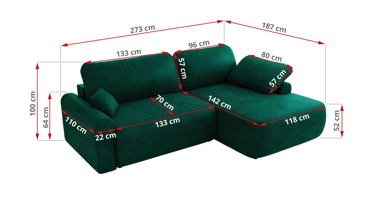 ECKSCHLAFSOFA CUBO L Dunkelgrün Velvet - rechts - Dunkelgrün/Schwarz, Kunststoff/Textil (187/273cm) - MKS
