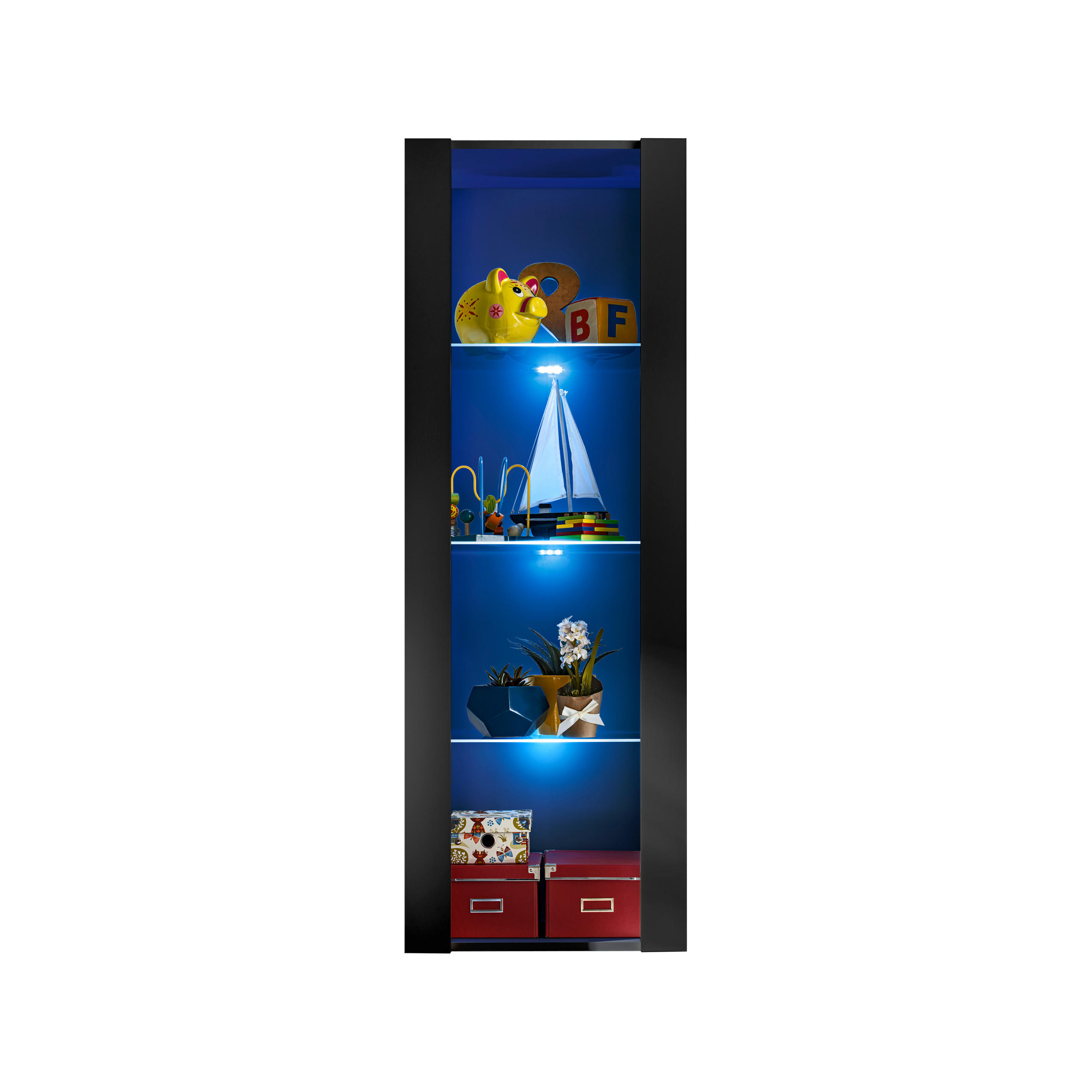 VITRINE TIVOLI, Schwarz + Schwarz, LED Mehrfarbige - Schwarz, Glas/Holzwerkstoff (55/159/35cm) - Komodee
