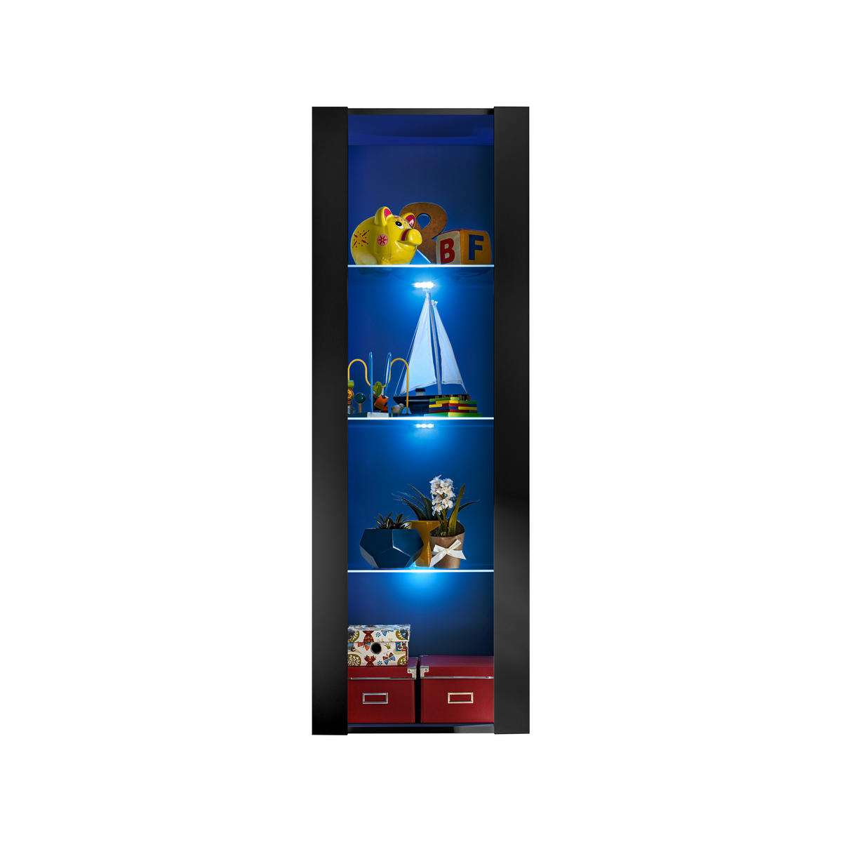 VITRINE TIVOLI, Schwarz + Schwarz, LED Mehrfarbige - Schwarz, Glas/Holzwerkstoff (55/159/35cm) - Komodee