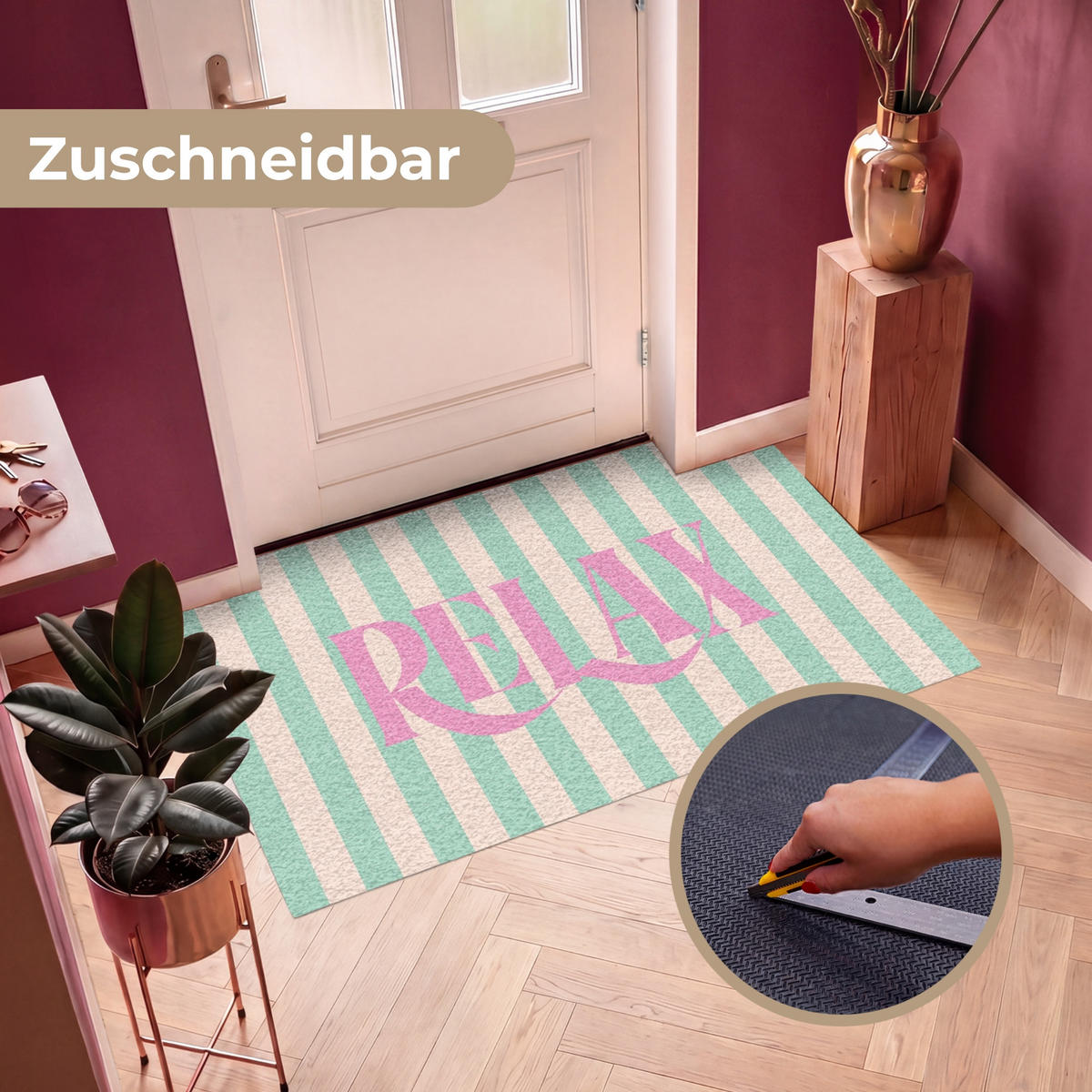 FUSSMATTE Rosa – Grün – Streifen – Entspannung 150x90 cm - Mintgrün, Kunststoff (150/0.4cm) - MuchoWow
