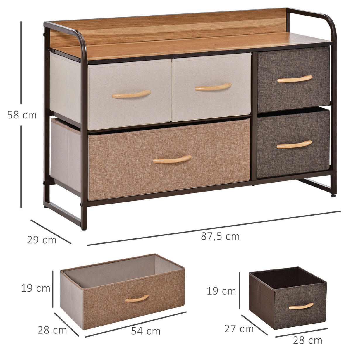 KOMMODE DE-12340 5 Schubladen 87,5/29/58 cm Mehrfarbig - Multicolor, Holzwerkstoff (87.5/58/29cm) - ComfortXL