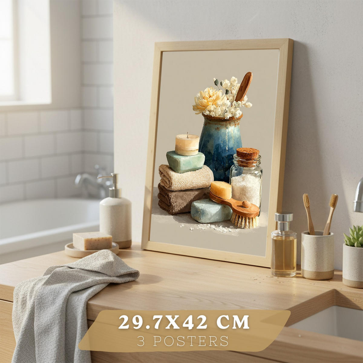 PLAKÁT Sada 3 dekorativních koupelnových tisků Světlý dřevěný rám A3 - béžová, papír (42/29.7/3cm) - Nacnic