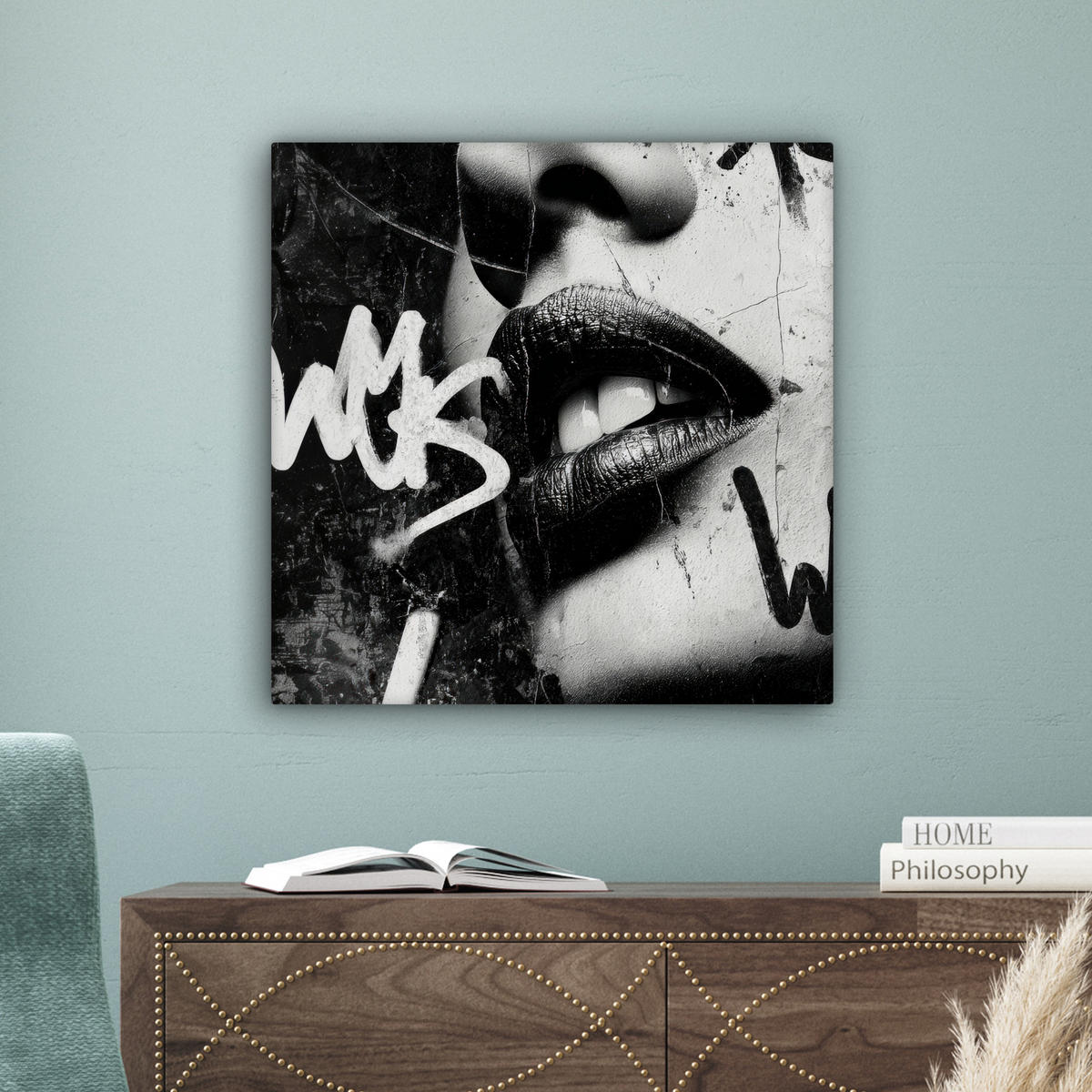 LEINWANDBILD Gesicht - Mund - Graffiti - Schwarz Wandbild Wohnzimmer 50x50 cm - Schwarz, Textil (50/50cm) - MuchoWow