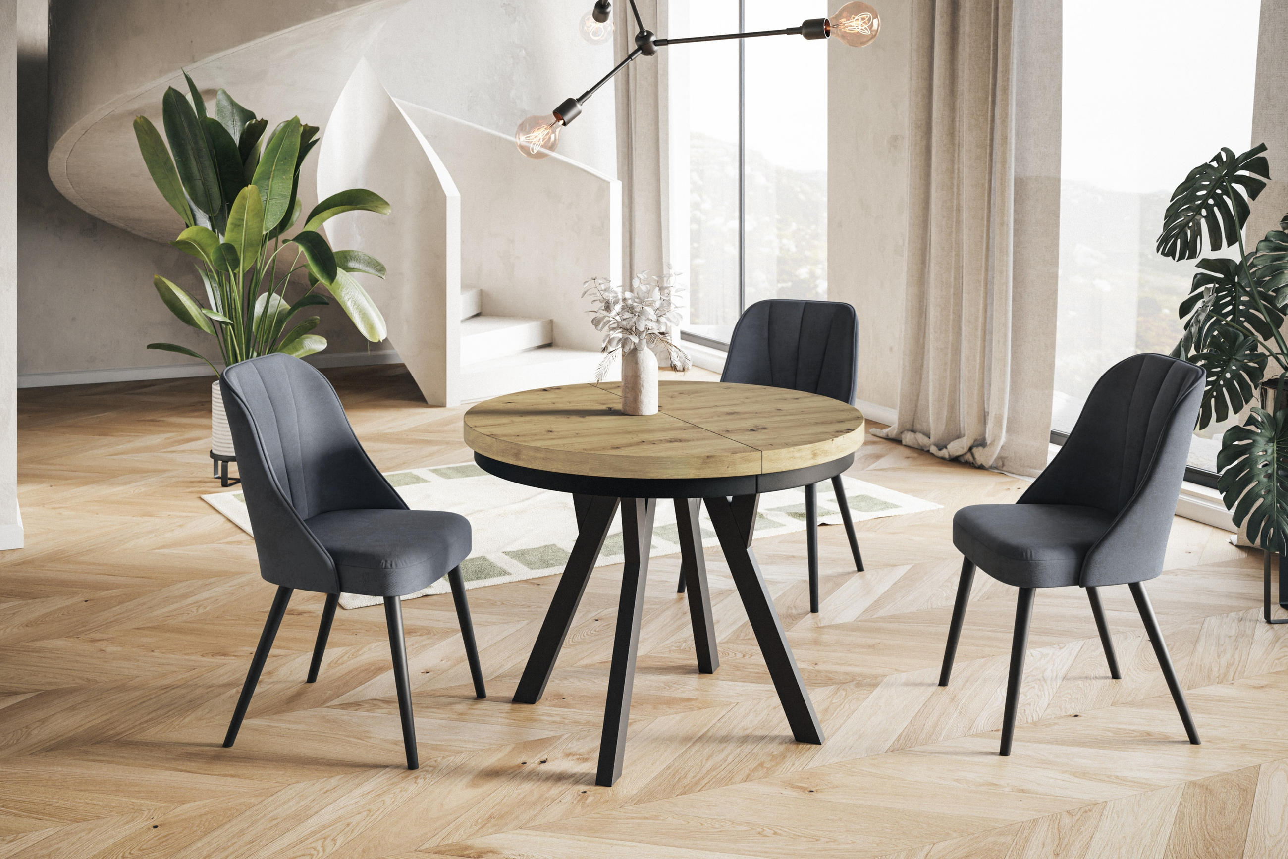 ESSZIMMERTISCH EVO, ausziehbarer Tisch 120 cm bis 220 cm, Farbe: ARTISAN, mit Holzbeinen in Farbe Schwarz - Hellbraun/Schwarz, Holzwerkstoff (120/120/77cm) - Alpi-Möbel