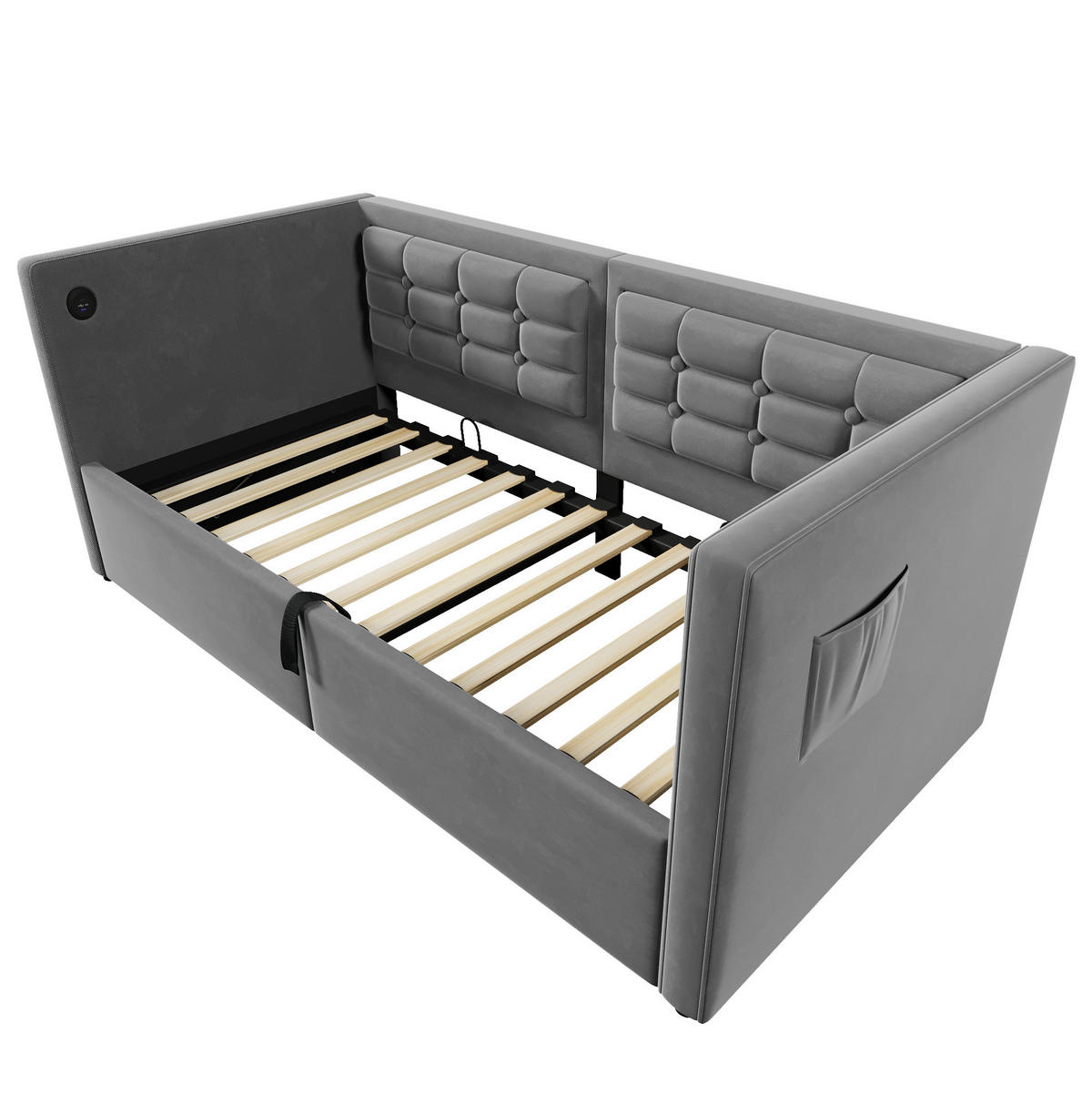 POSTEL 106/205/75 cm šedá, samet, s USB a Type-C nabíjením - šedá, textil (90/200cm) - BEAOK