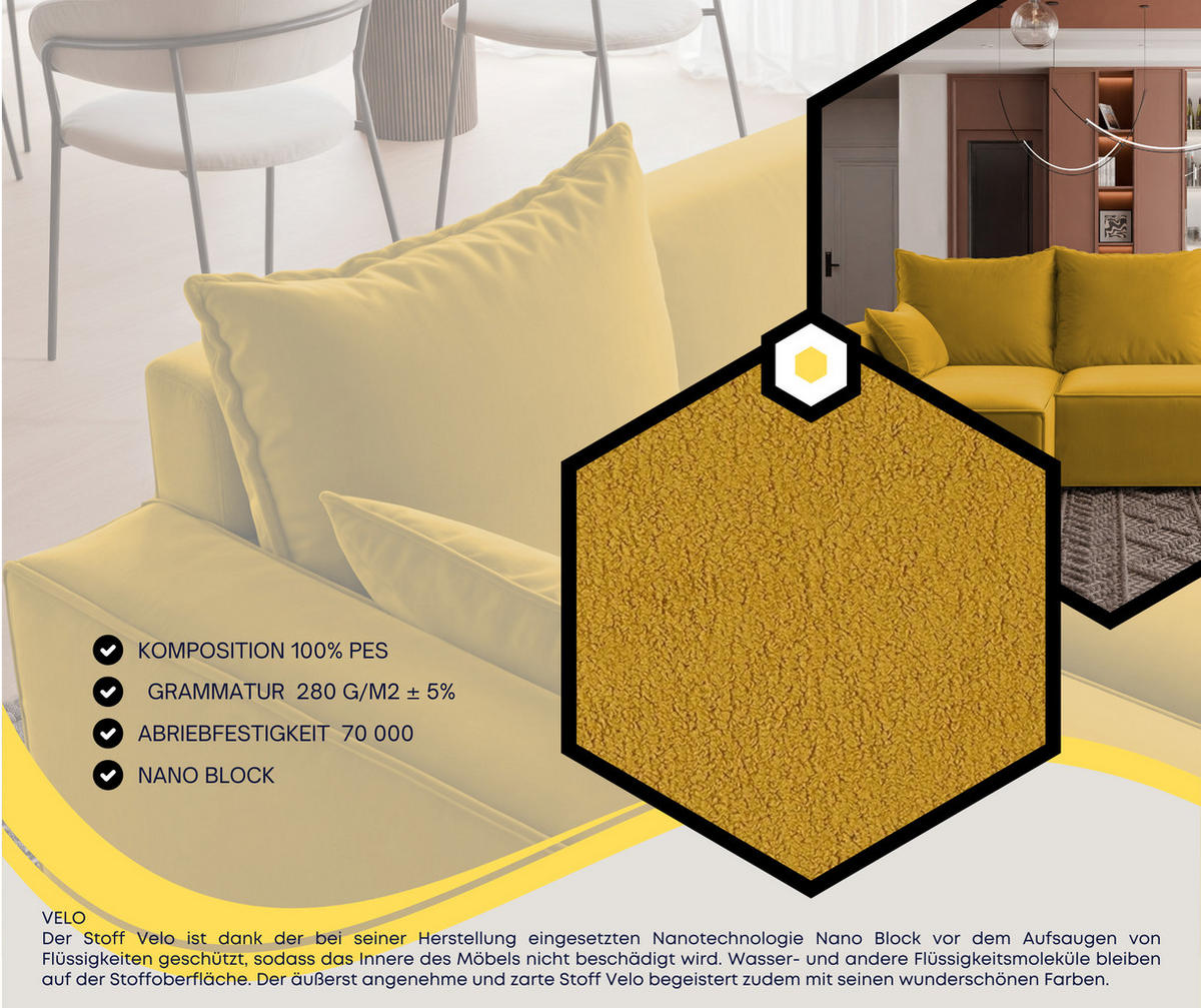 ECKSOFA Tobi mit Bettkasten und Schlaffunktion, L-Form, Velourstoff, Universal - Currygelb, Holzwerkstoff (246/145cm) - 4ALL HOME