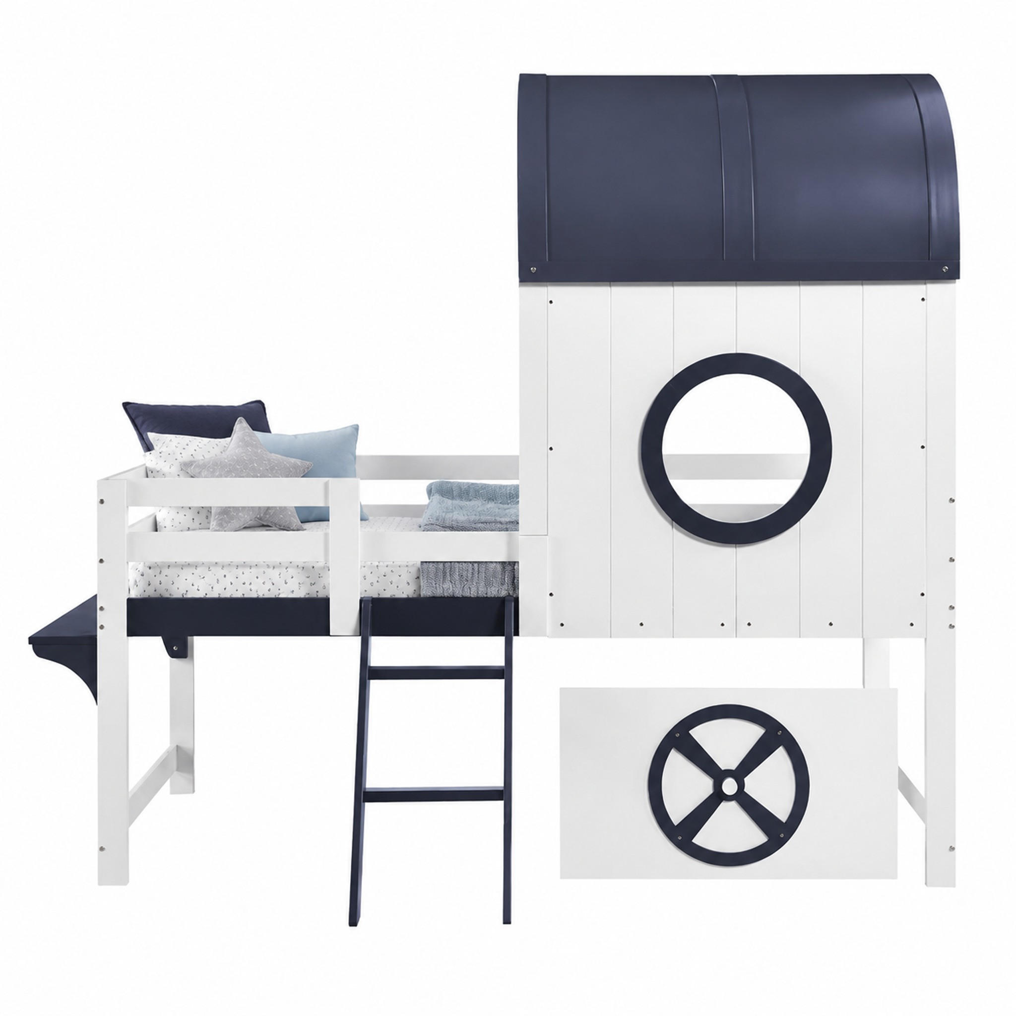 ETAGENBETT halbhoch 90x200 cm Weiß Dunkelblau mit Schublade - Weiß, Holz (90/200cm) - Meubliv