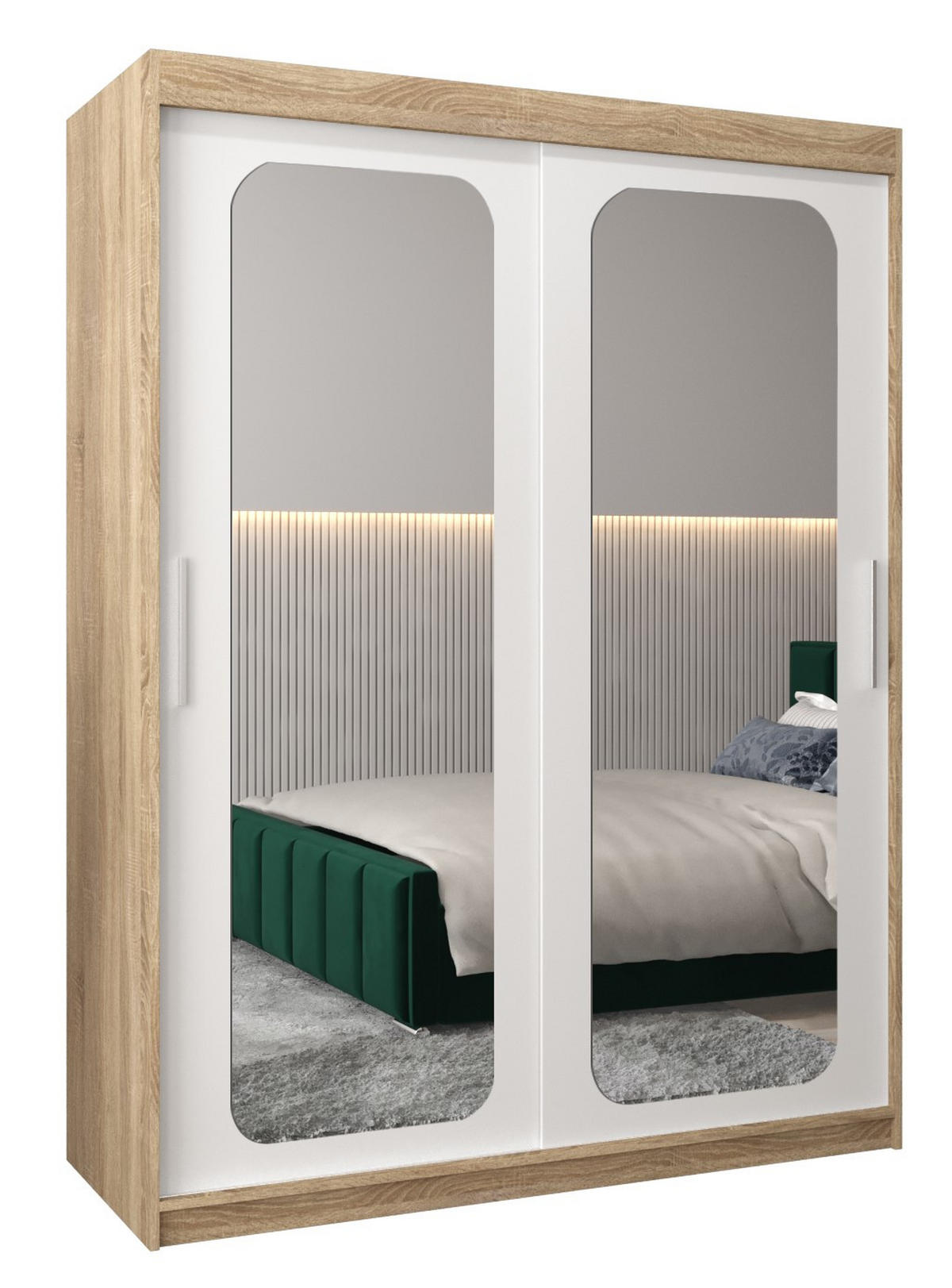 SCHWEBETÜRENSCHRANK 200/150/62 2-türig - Silberfarben/Weiß, Holz/Kunststoff (150/200/62cm) - Abiks Möbel