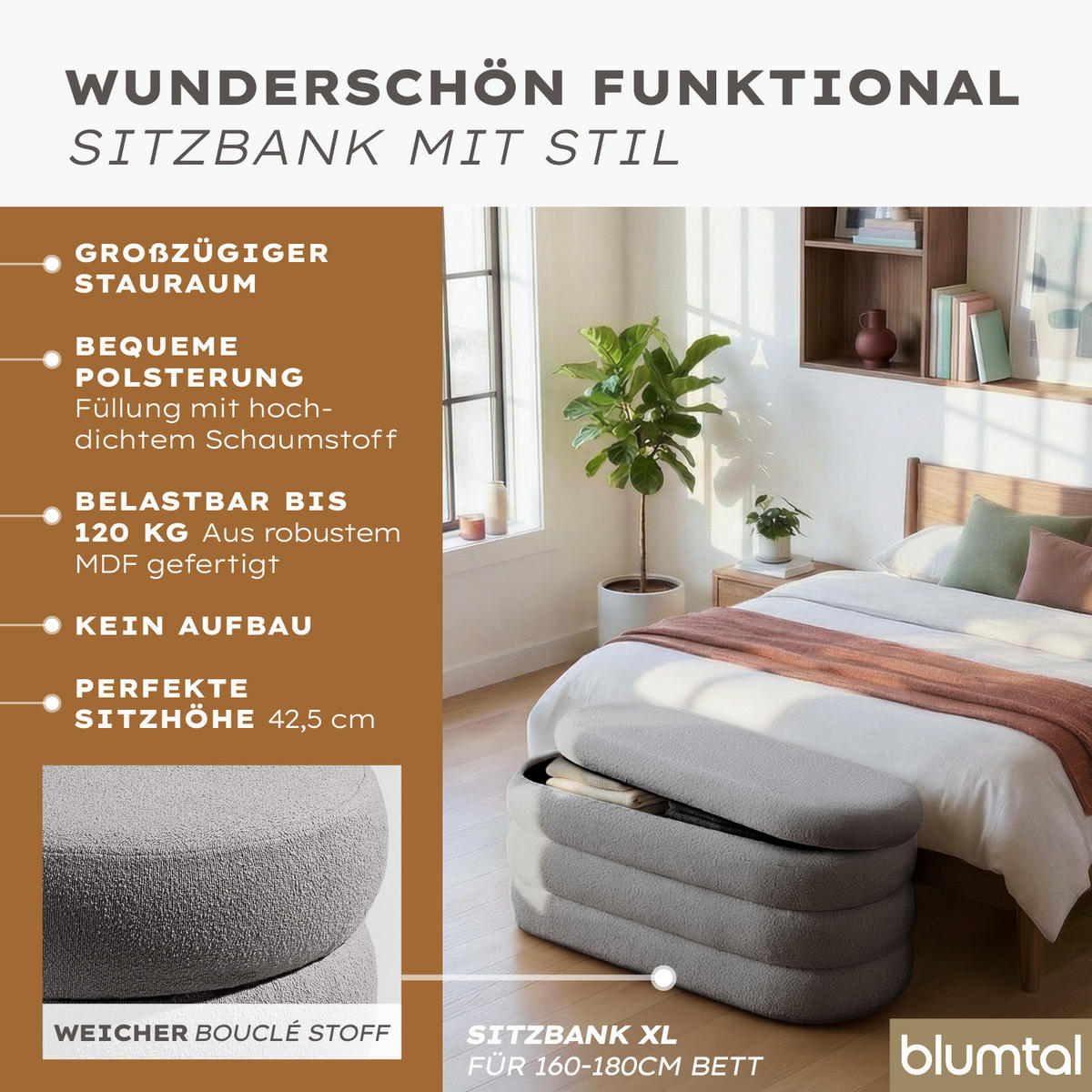 XL Sitzbank mit Stauraum Oval – Bouclé Truhenbank Grau - Grau, Textil (45/42.5/110cm) - Blumtal