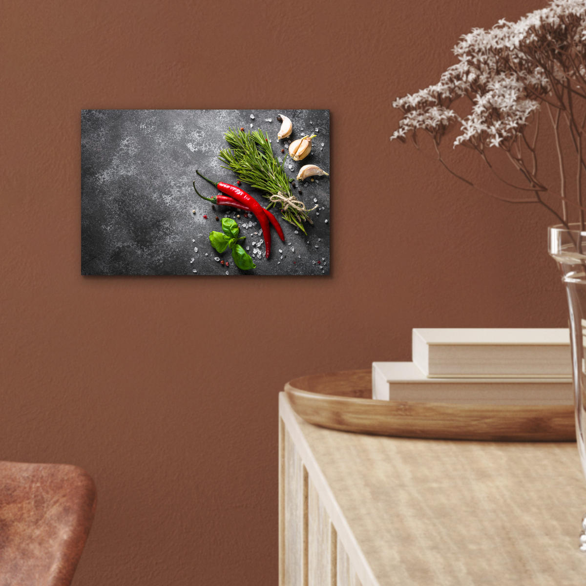 KOVOVÝ OBRAZ Korenie - bylinky - korenie - betón 30x20 cm - tmavosivá, kov (30/20cm) - MuchoWow