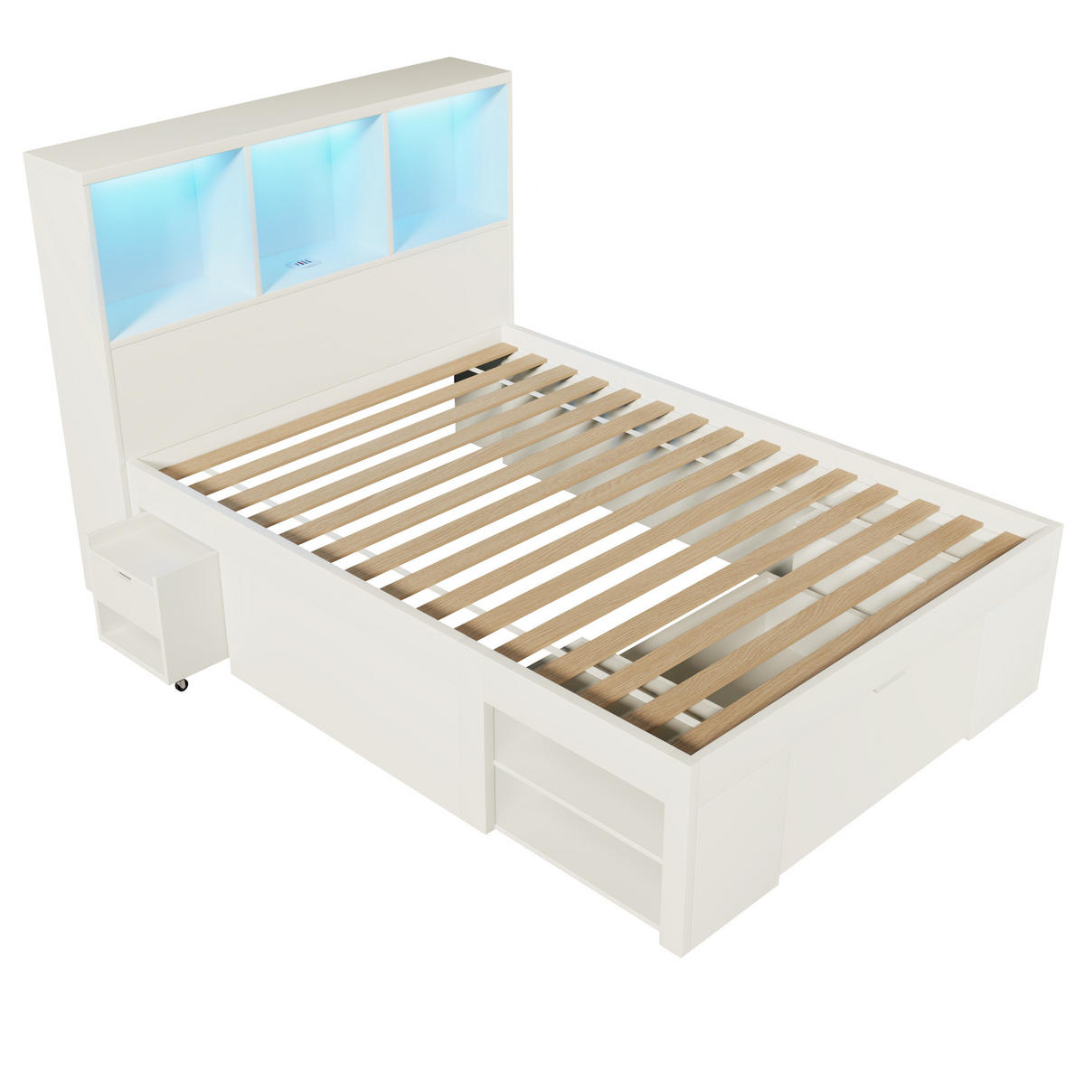 BETT mit Kopfteil 90/200 cm in Weiß – inkl. Lattenrost, Bettkasten und Nachttisch - Weiß, Holzwerkstoff (90/200cm) - BEAOK