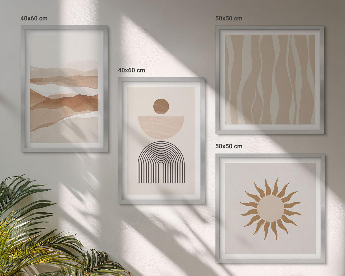 WANDBILDER 4er Set - 50x50 cm & 40x60 cm Silberner Rahmen - Abstrakte Landschafts- und Naturgeometrie - Silberfarben, Kunststoff (50/50cm) - ArtPrintCave