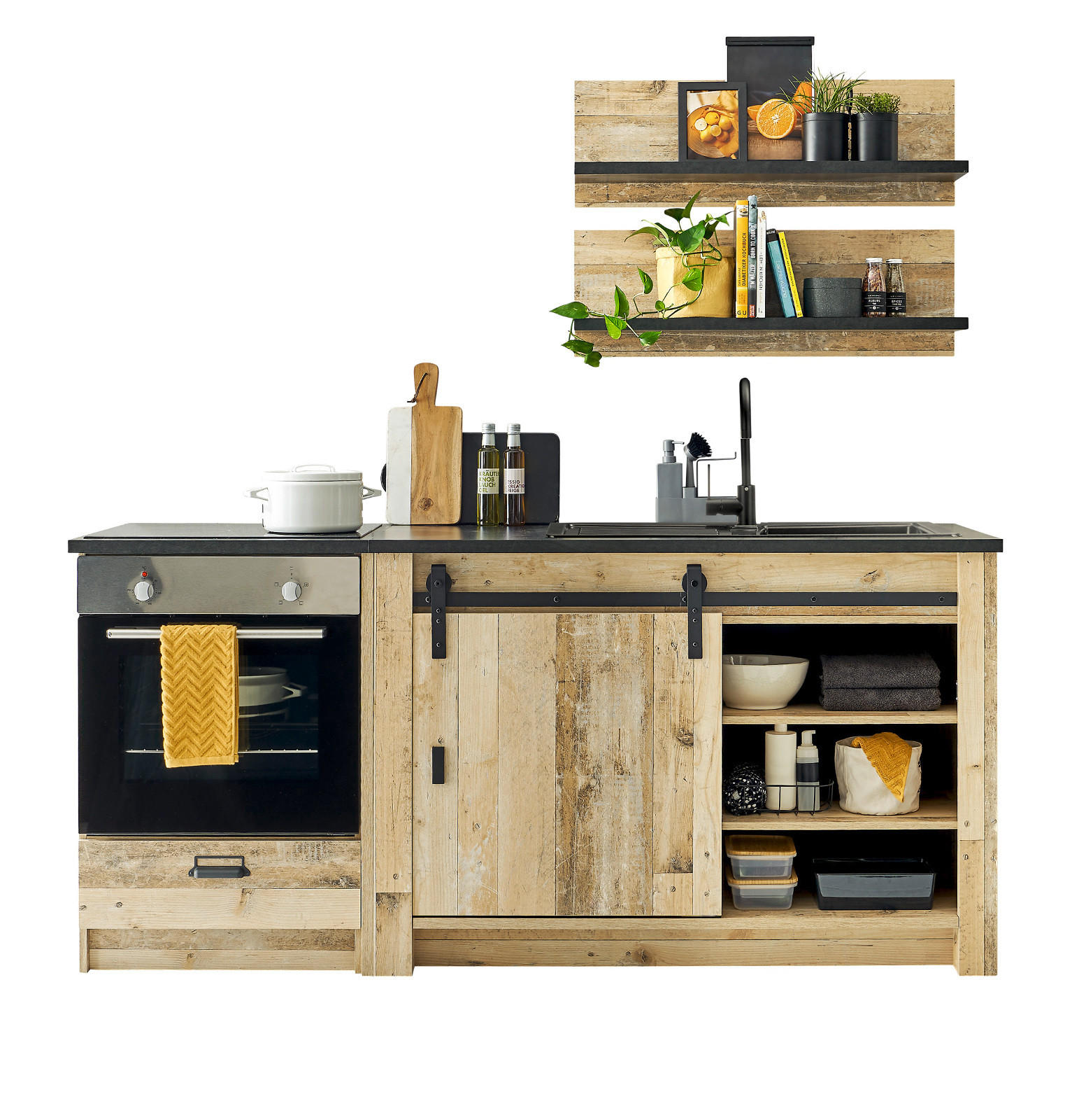 KÜCHENZEILE in Used Wood, anthrazit 4-teilig 196 cm, Küchenschrank-Set im Landhaus-Stil - Anthrazit/Schwarz, Holzwerkstoff/Metall (196/180/64cm) - Furn.Design