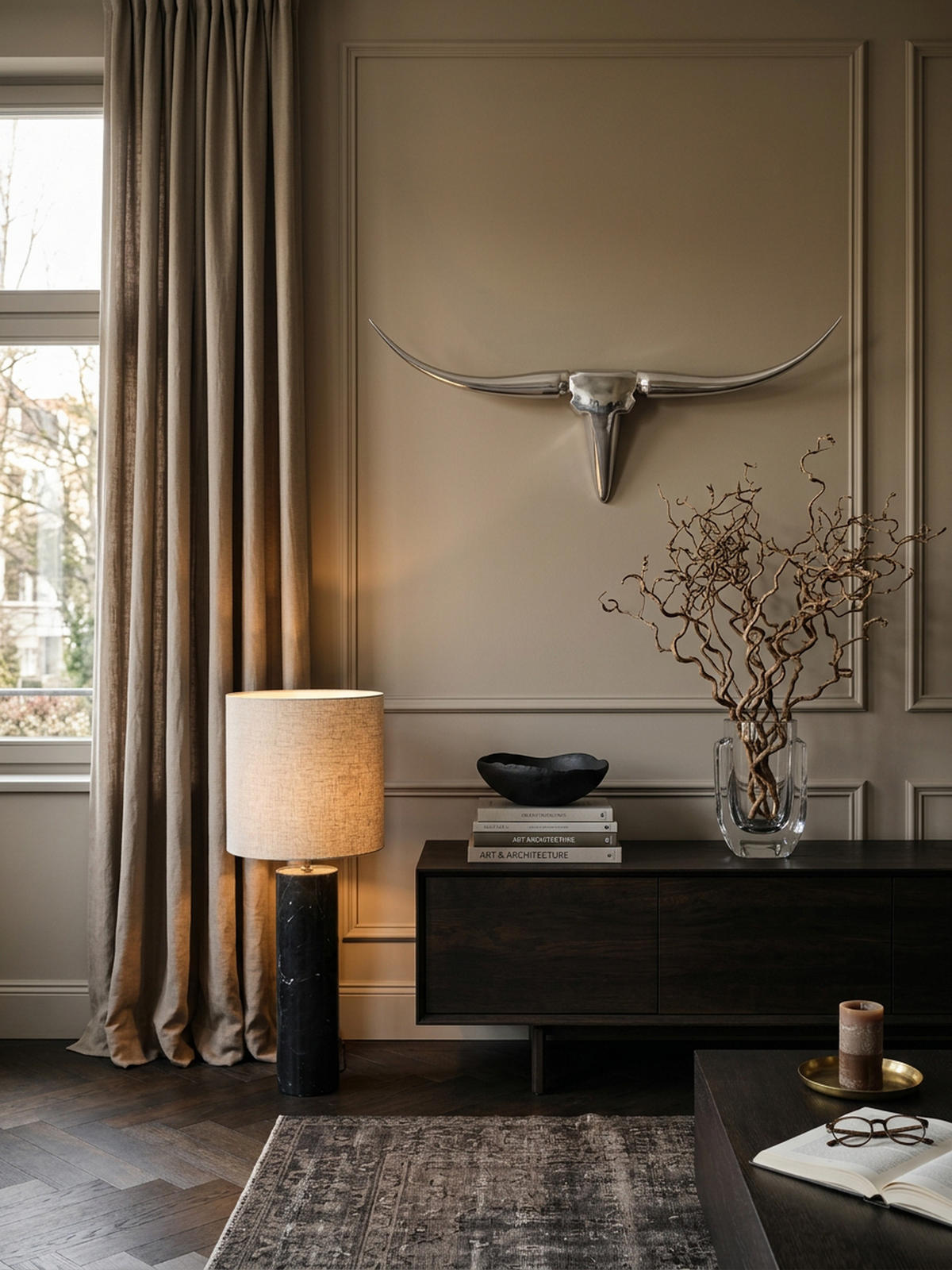 WANDDEKO Bull Geweih aus Aluminium 125 cm Breite, Silber 100x5x35 cm - Silberfarben, Metall (100/35/5cm) - KADIMA DESIGN