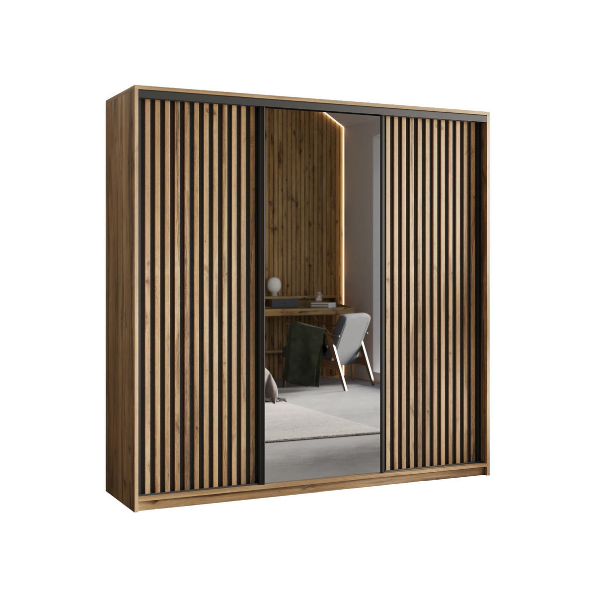 SCHWEBETÜRENSCHRANK ORRA 180/205/60 cm 3-türig mit Spiegel und Lamellen Eiche Wotan - Eiche Wotan/Schwarz, Holzwerkstoff (180/205/60cm) - MASSENO