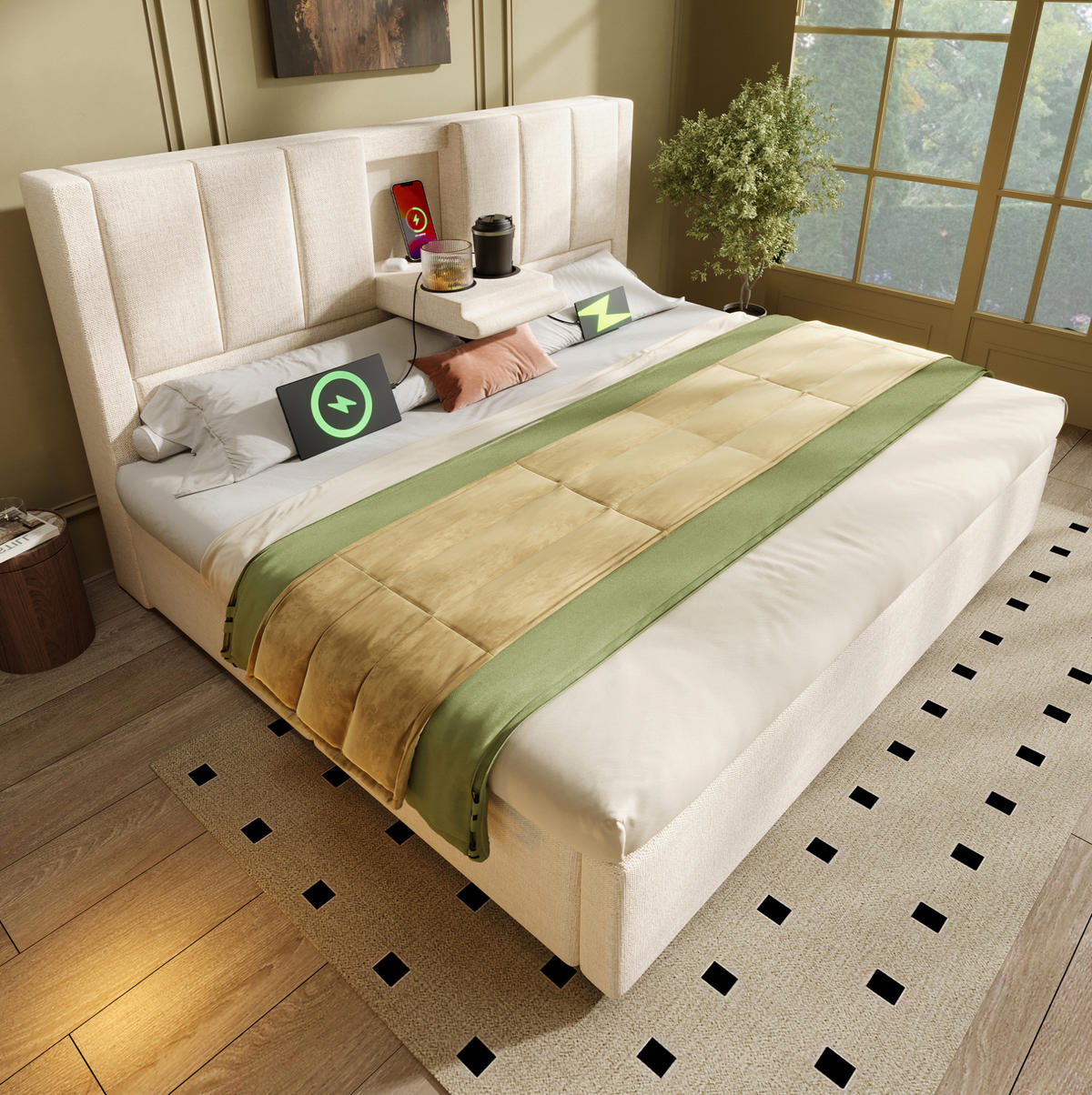 POLSTERBETT mit Stauraum und Ladestation 140x200 cm Leinen Beige - Beige, Metall (140/200cm) - Meubliv
