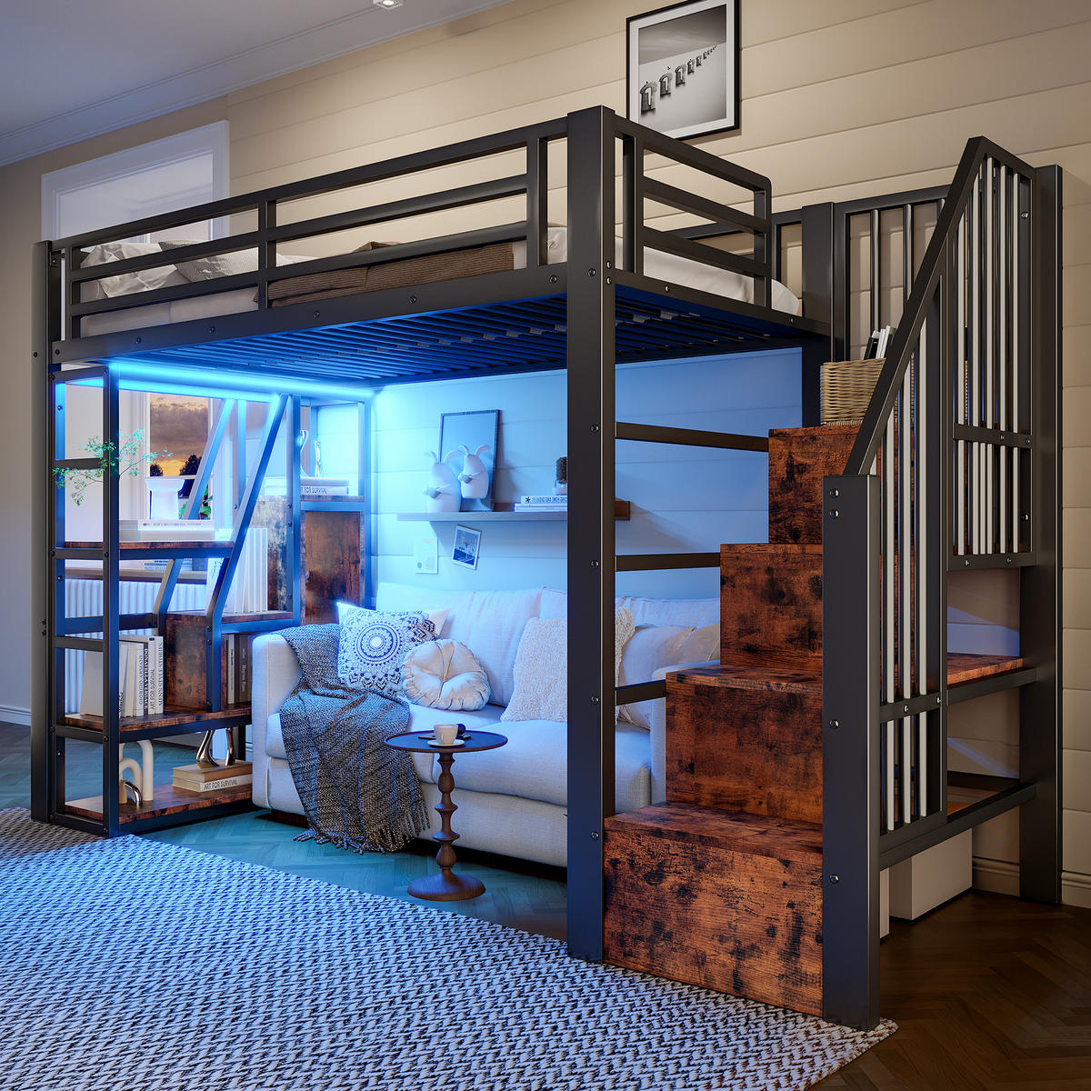 HOCHBETT 90x200cm Schwarz Metall LED-Licht offener Stauraum - Schwarz, Holz (90/200cm) - FLIEKS