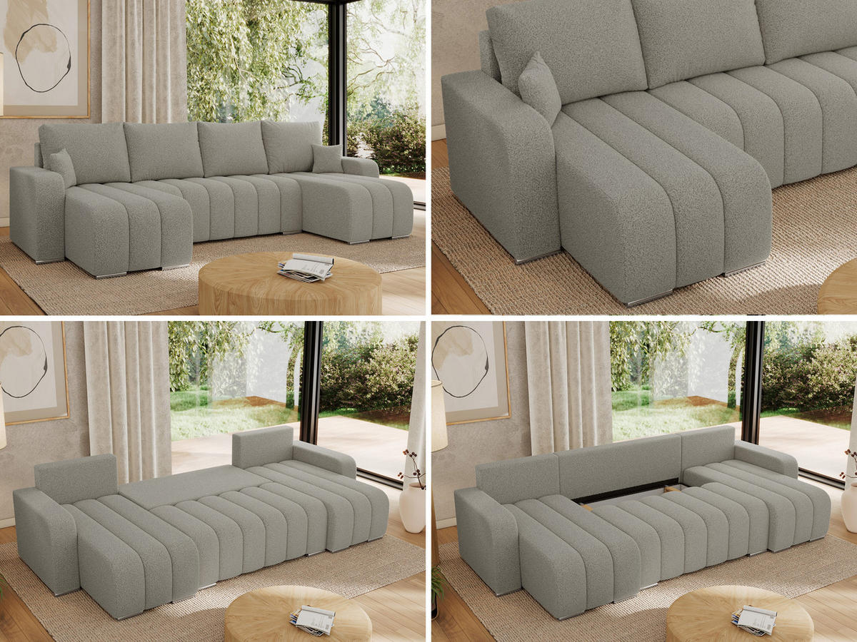 WOHNLANDSCHAFT KIRASSO U Hellgrau Boucle - Hellgrau/Grau, Textil/Metall (320/86/147cm) - MKS