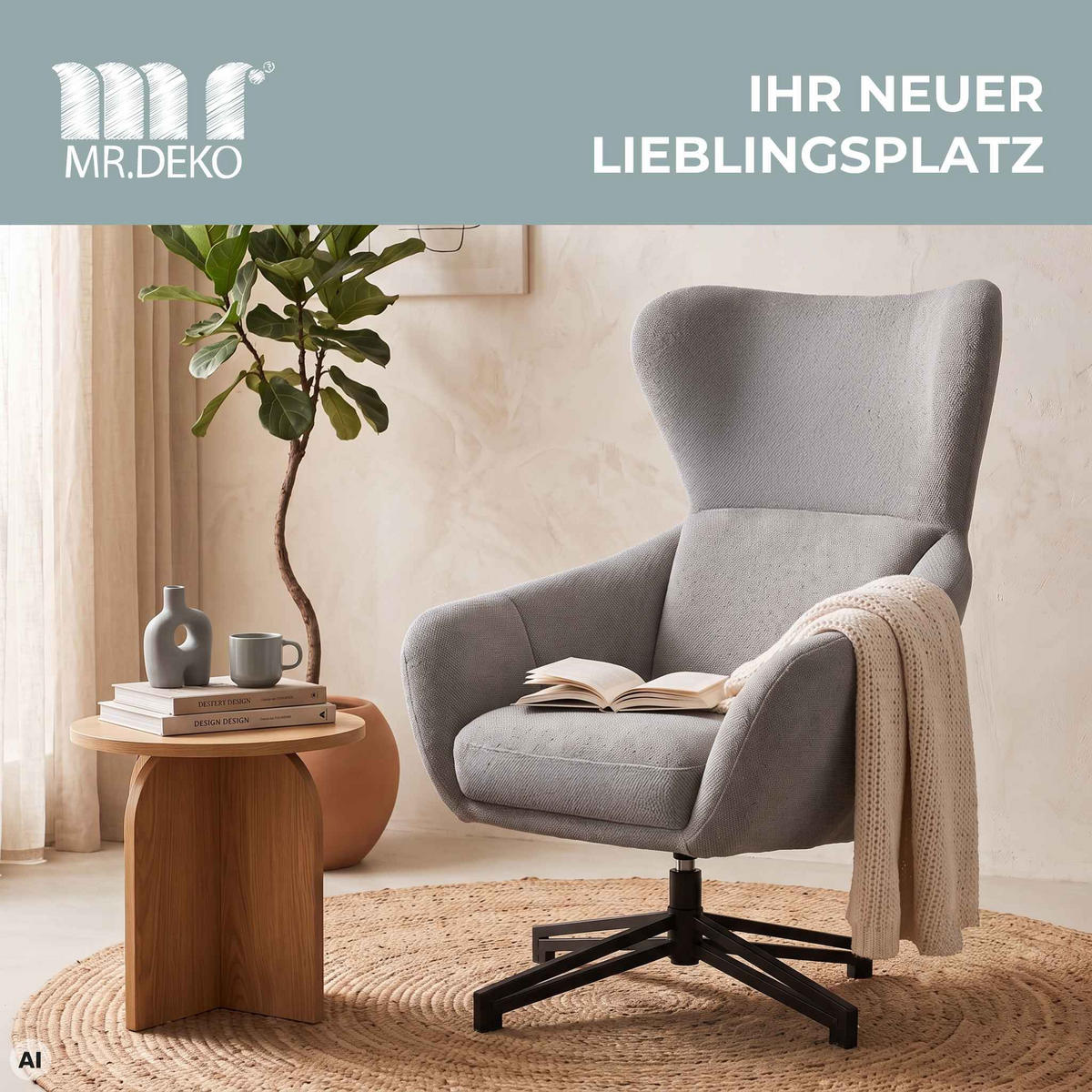 OHRENSESSEL Marconia - Hellgrau/Schwarz, Textil/Metall (75/109/80cm) - Mr. Deko
