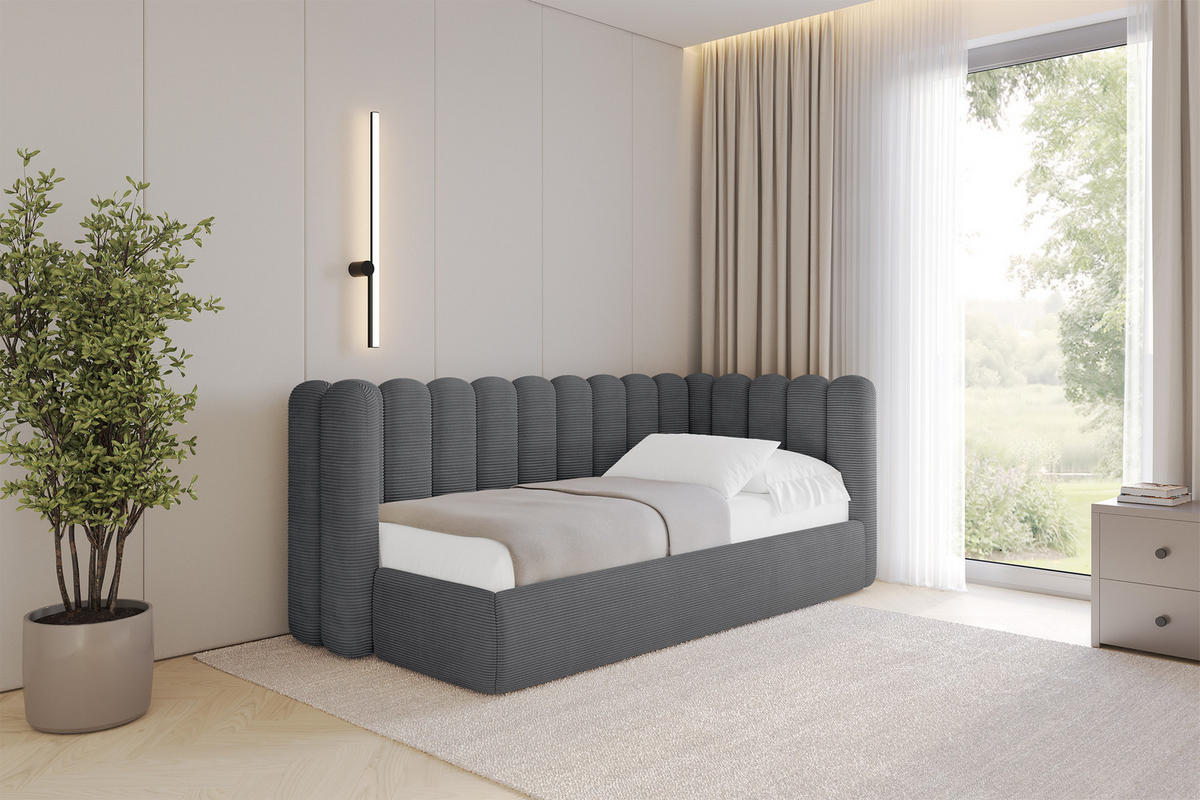 EINZELLBETT Jugendbett mit Bettkasten und Matratze H3/H4, Links - HUGY 100x200 Dunkelgrau - Graphitfarben, Holzwerkstoff/Textil (100/200cm) - ALTDECOR
