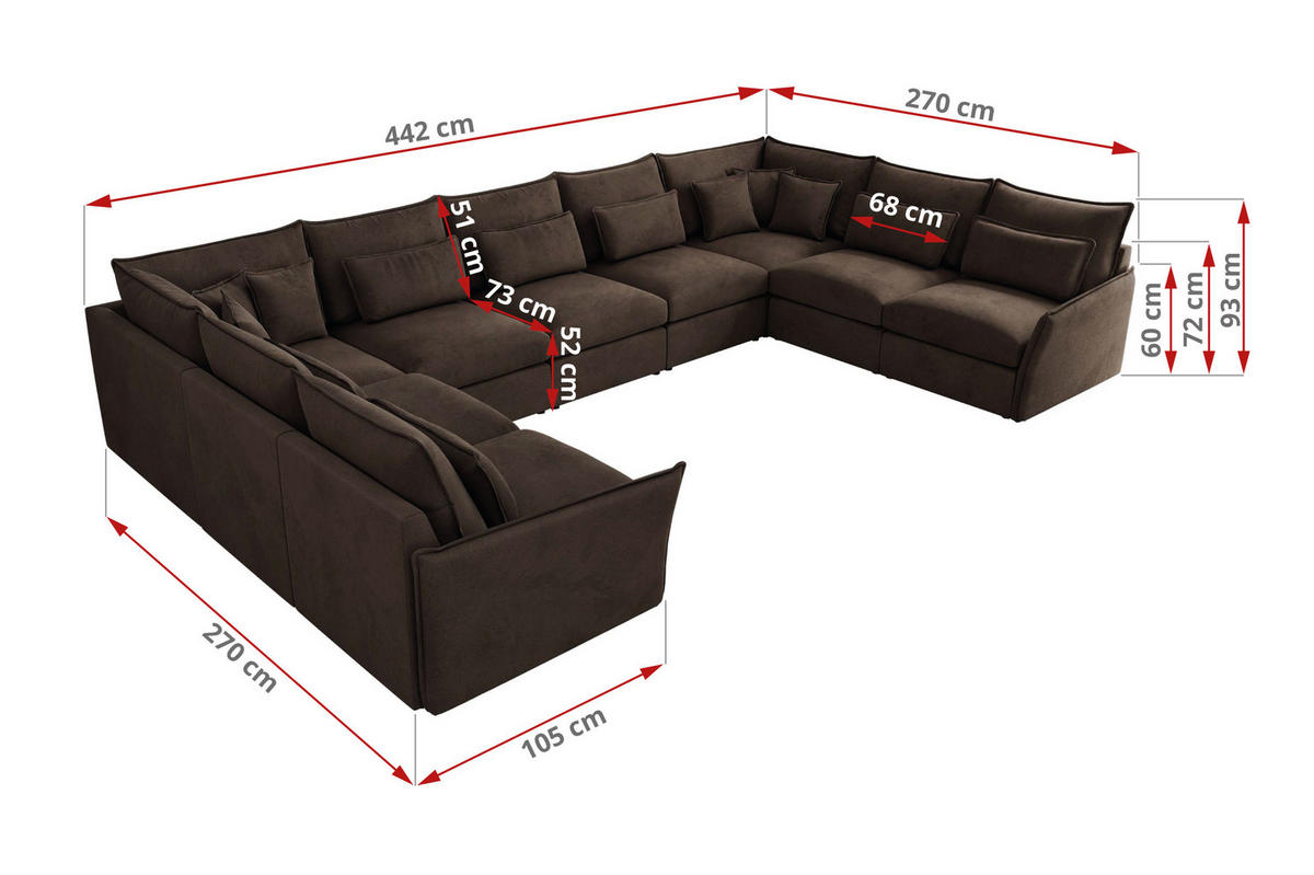 WOHNLANDSCHAFT VERSO U 9M Braun Velvet - Schwarz/Braun, Kunststoff/Textil (442/93/270cm) - MKS