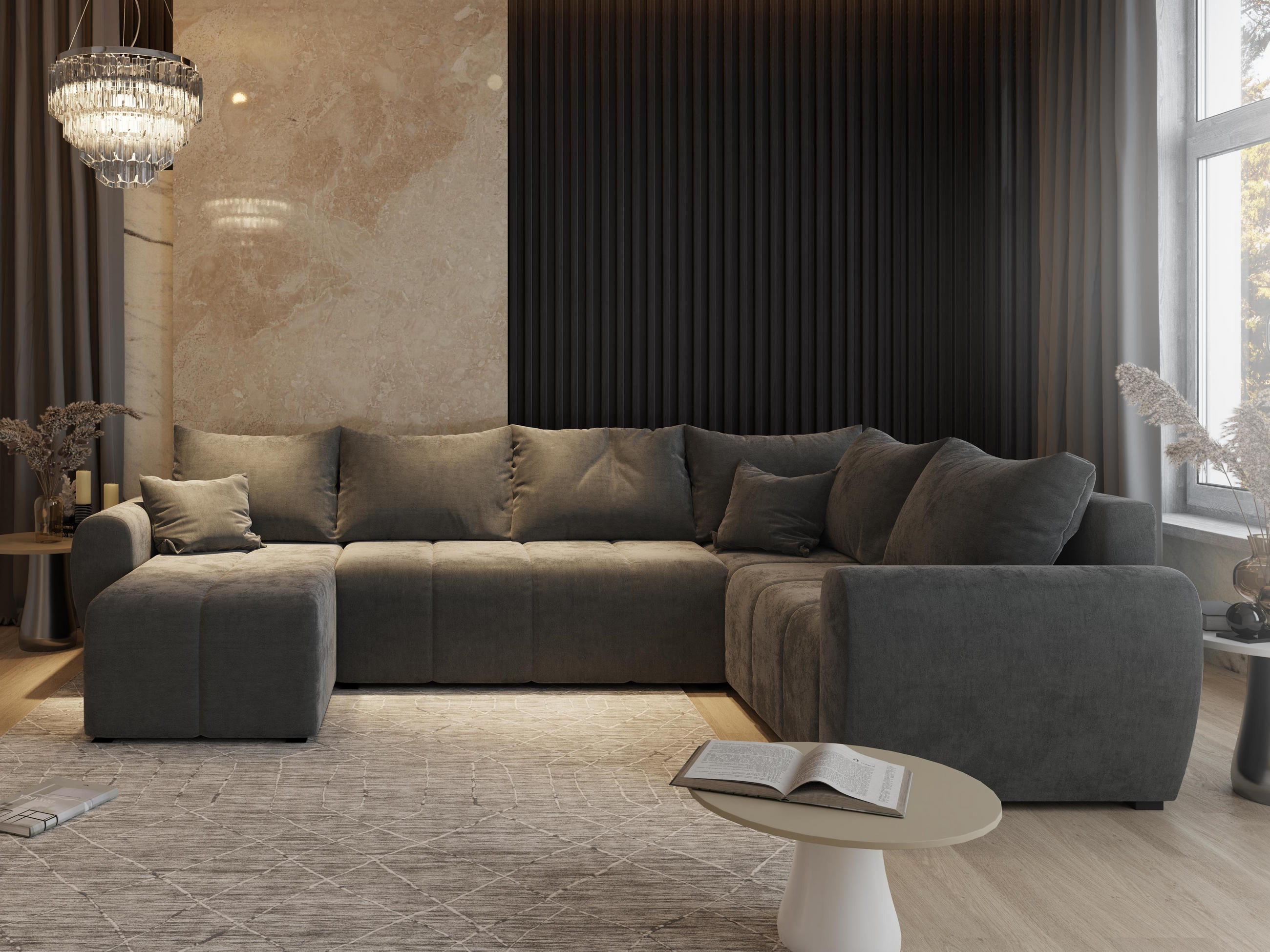 WOHNLANDSCHAFT MADISON XL R-S Braun Dünner Stoff mit Schlaffunktion - Braun, Holz (303/82/208cm) - MASSENO