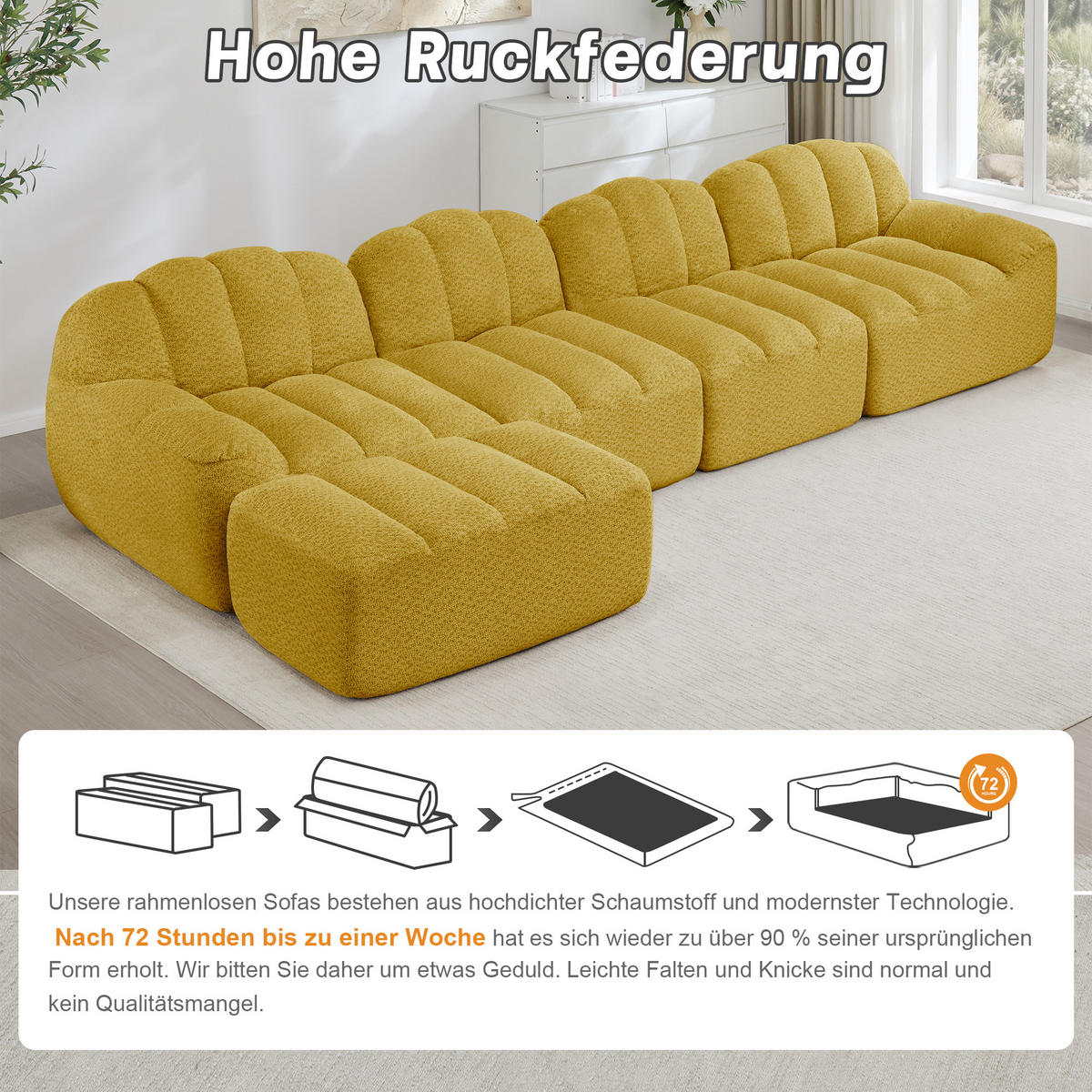 ECKSOFA 366/165/79 cm Gelb Granulatvlies mit 1 Fußhocker - Gelb, Textil (366/165cm) - Oxeza