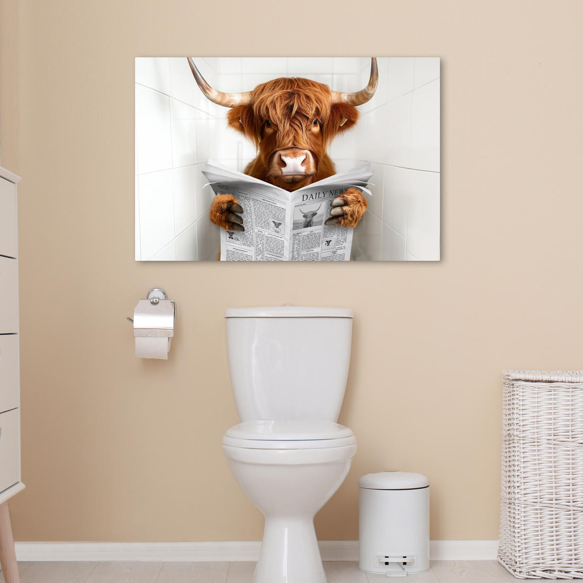 LEINWANDBILD Schottischer Highlander - Tier - Zeitung - Toilette Wanddeko 90x60 cm - Kastanienfarben, Textil (90/60cm) - MuchoWow