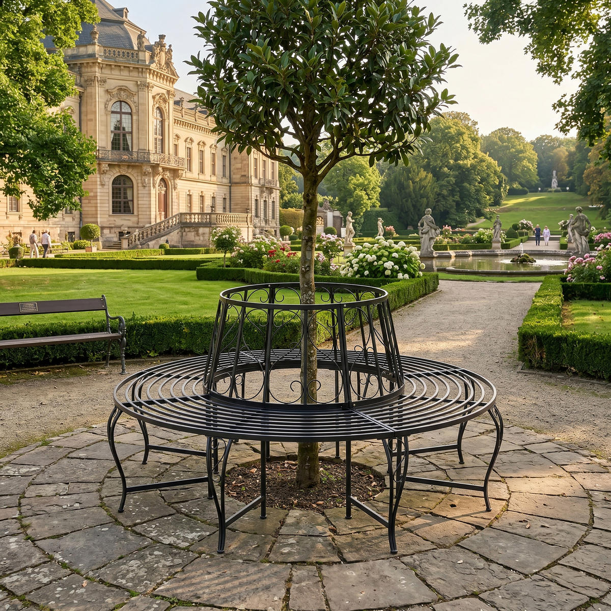 LAVIČKA okolo stromu - čierna, kov (160/85/160cm) - Relaxdays