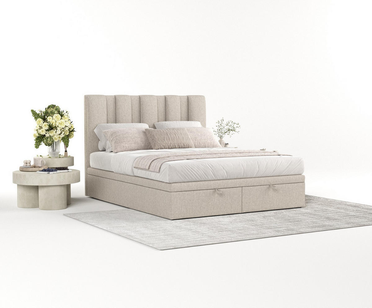 POLSTERBETT Orta mit Stauraum 200/200 cm Hellbeige im Megan Stoff - Sandfarben/Schwarz, Holz/Holzwerkstoff (200/200cm) - AltaBeds