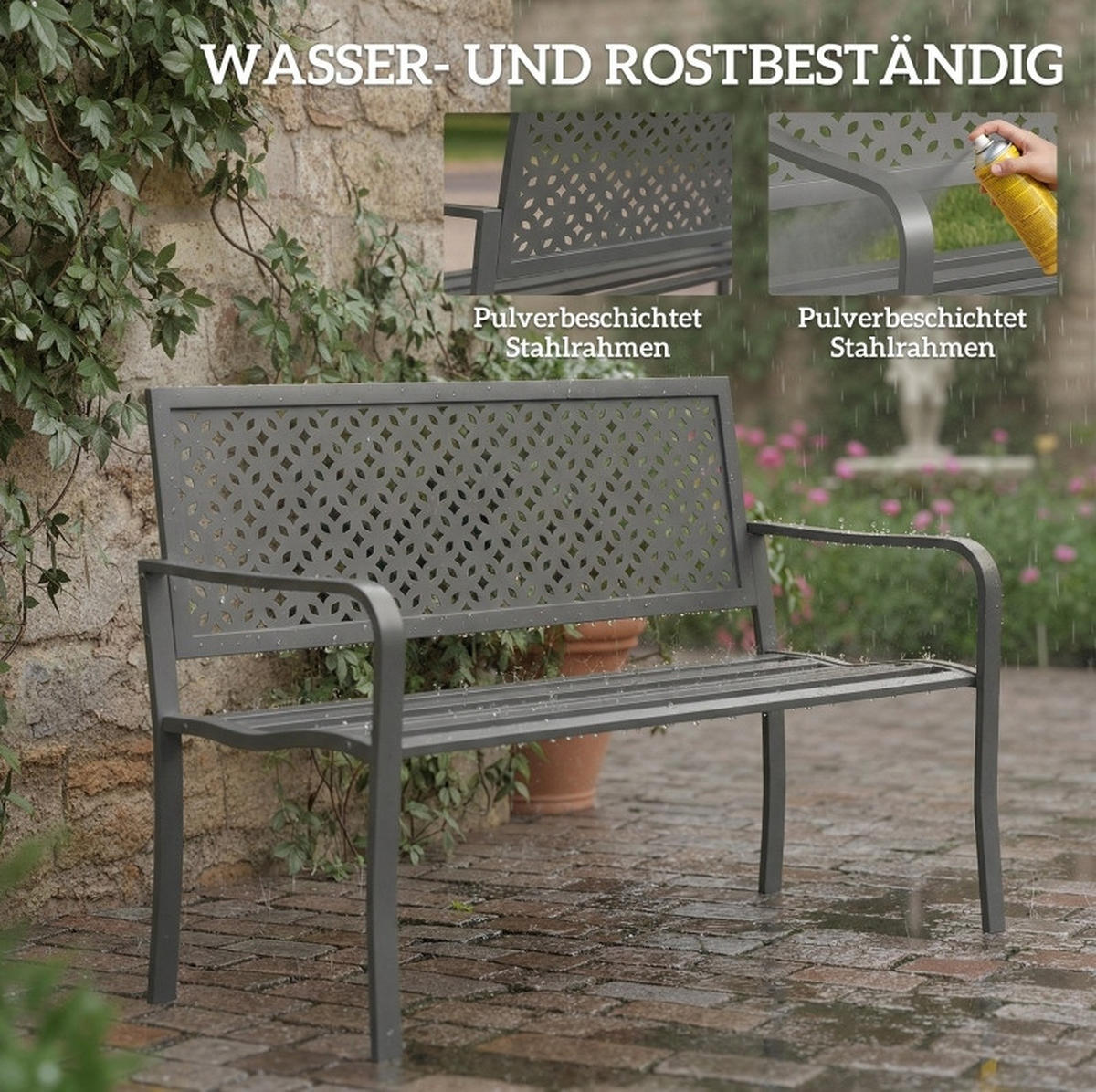 ZAHRADNÍ lavice z oceli 127x61x85 cm tmavě šedá s opěrkou zad a područkami, odolná proti rzi - tmavě šedá, kov (127/85/61cm) - Modfu