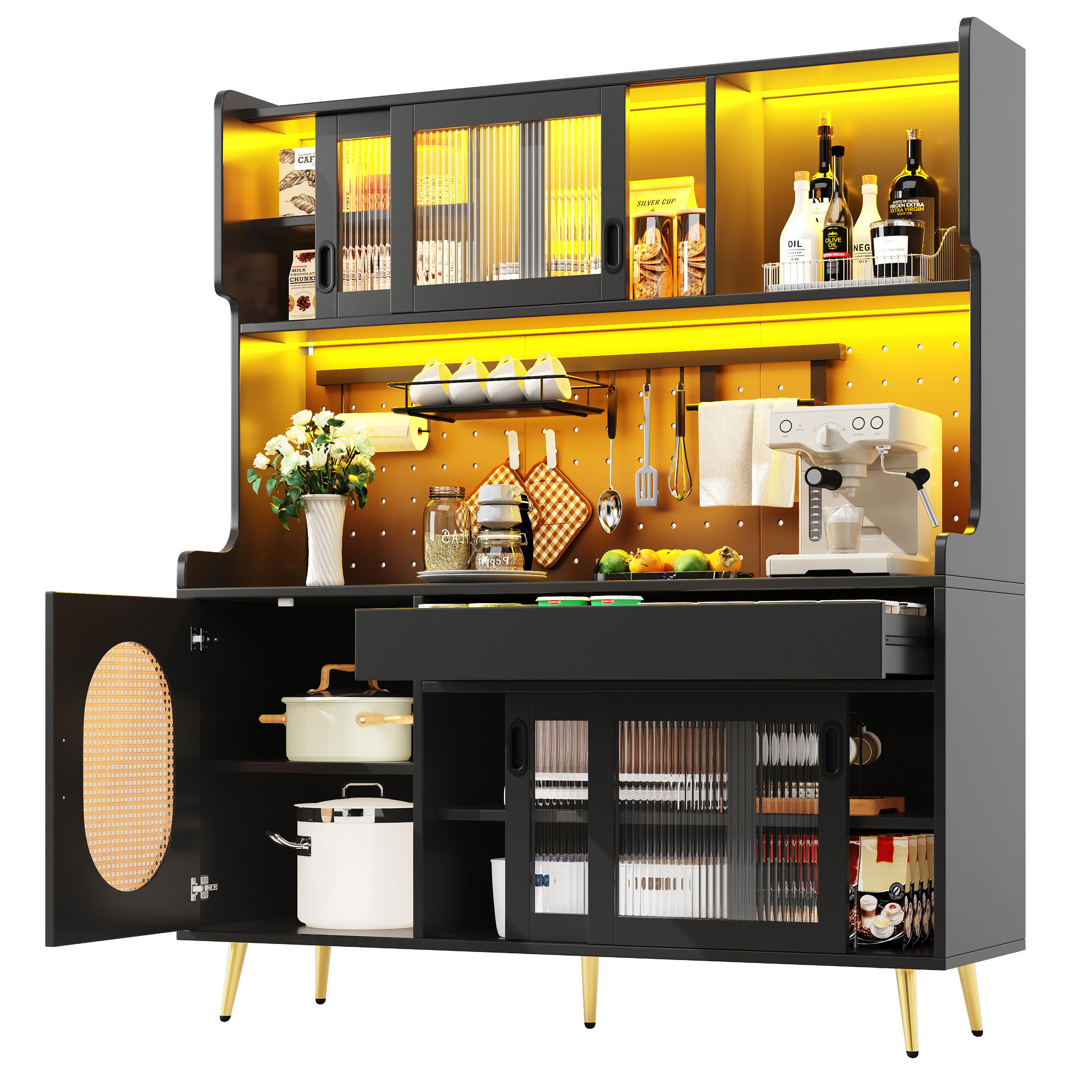 BUFFETSCHRANK 145/39/171 cm schwarz aus MDF mit LED-Lichtleiste - Schwarz, Holzwerkstoff (145/171/39cm) - OKWISH