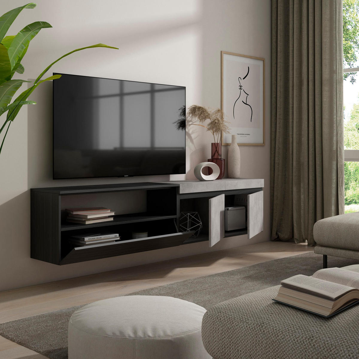 LOWBOARD Hängend, zementgrau, 200/35/45cm - Hellgrau/Grau, Holzwerkstoff (200/45/35cm) - Skraut Home