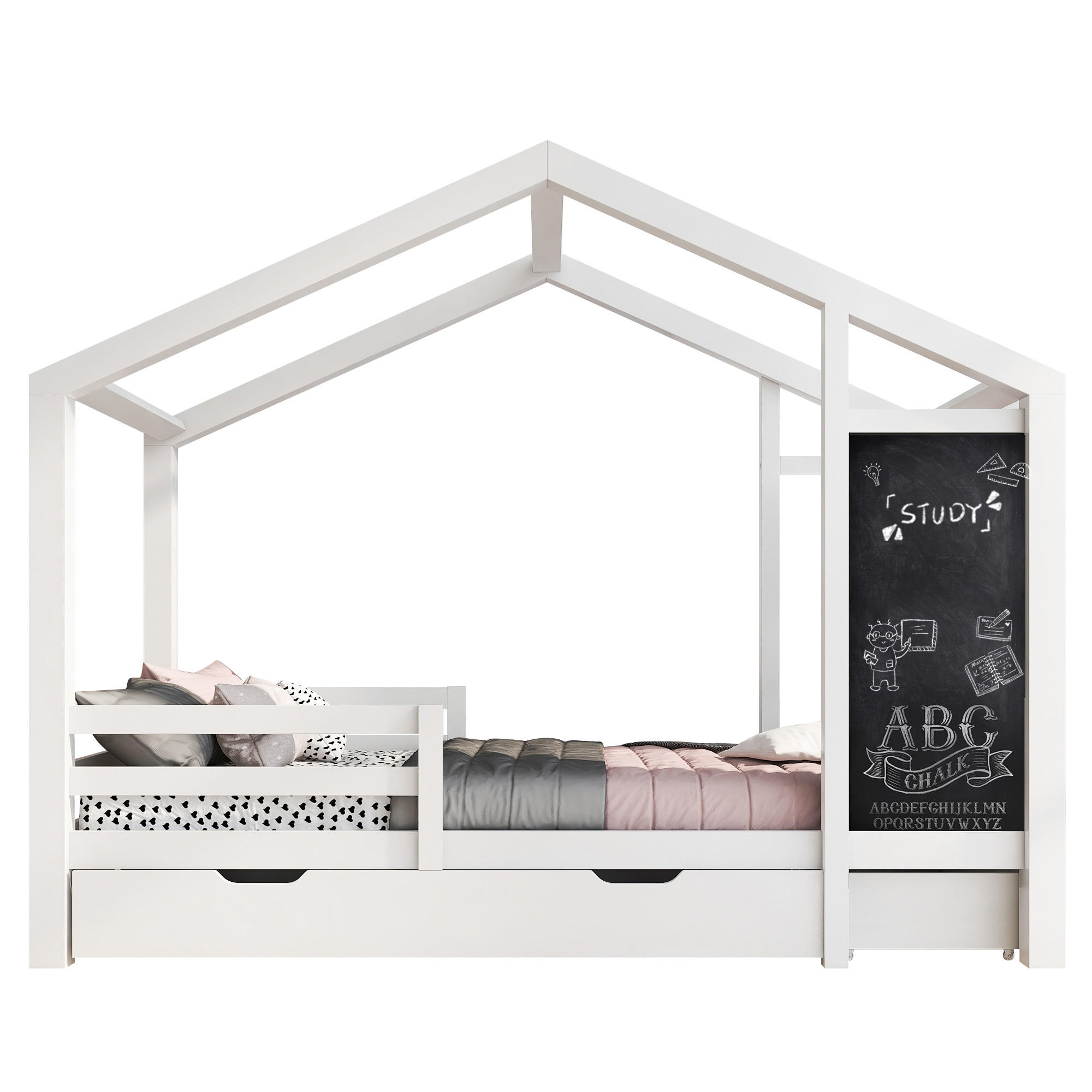 KINDERBETT 90/200 cm mit Tafel, 2 Schubladen und dreiseitigem Rausfallschutz aus Massivholz, Weiß - Weiß, Holz - Redom