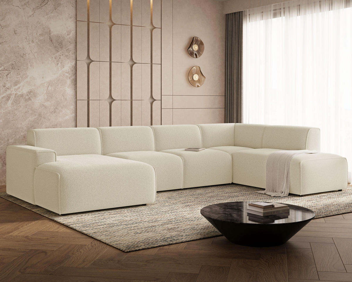 ECKSOFA U Belluno Creme Rechts - Creme/Schwarz, Holz/Kunststoff (220/378cm) - Graingold