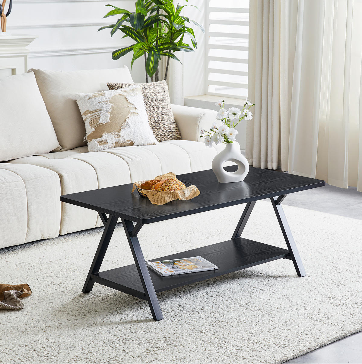 COUCHTISCH aus MDF und Metall 110x57x44,5 cm in Schwarz mit Stauraumablage - Schwarz, Holzwerkstoff (110/57/44.5cm) - Modfu