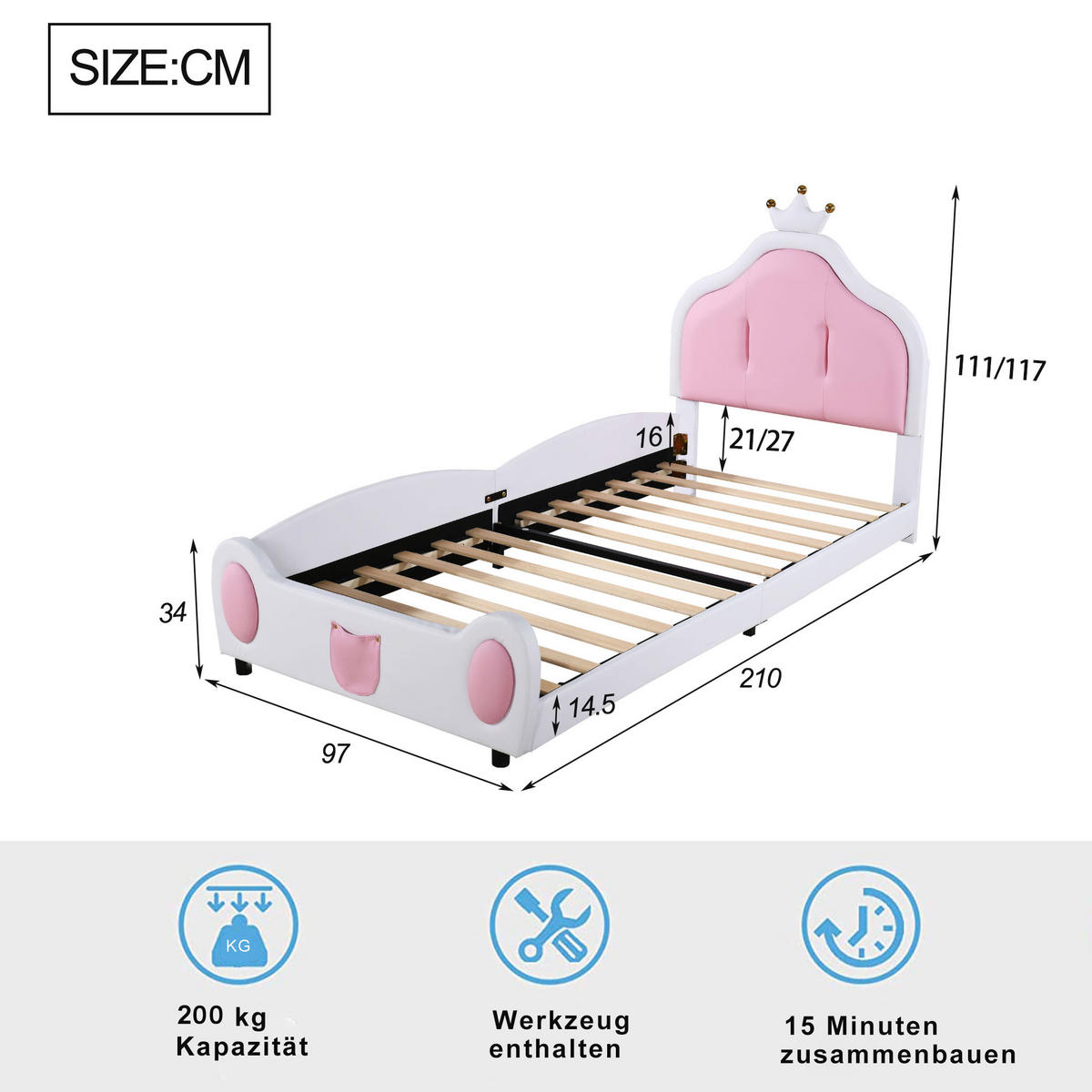 KINDERBETT 90/200 cm Weiß/Pink mit Kronenleiste aus Kunstleder - Weiß, Textil (90/200cm) - OKWISH