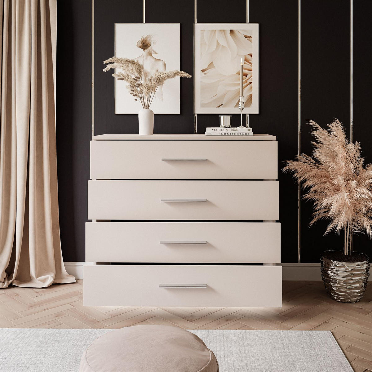 KOMMODE LINA KASCHMIR 95 cm mit LED-Beleuchtung Griffe Silberchrom - Kaschmir/Silberfarben, Holzwerkstoff (95/84/40cm) - Lookway