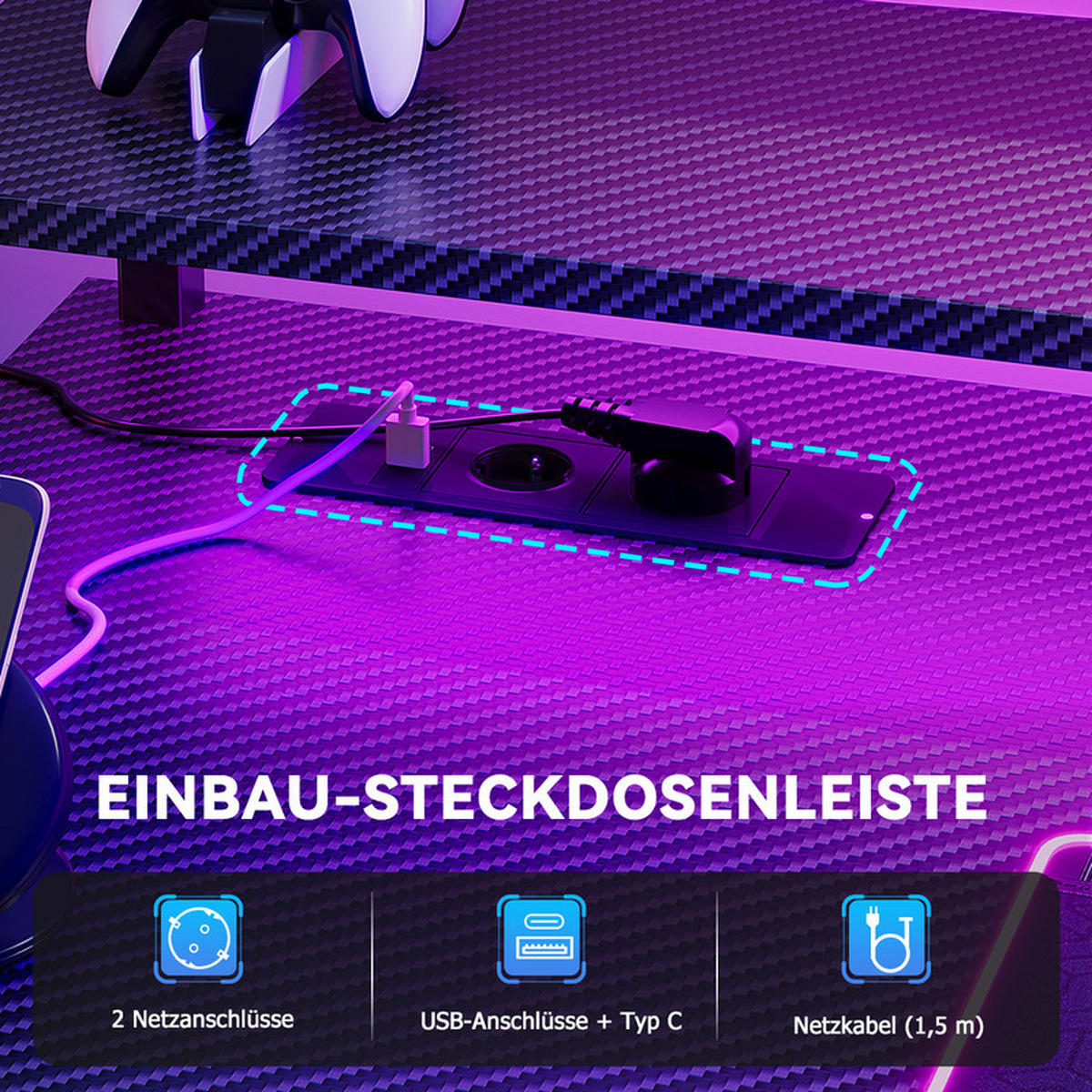 GAMINGTISCH mit Led, 150 x 50 x 75 cm, umkehrbarer Gamer-Schreibtisch mit Bildschirmunterstützung, 3 Schubladen, 2 Steckdosen und USB - Schwarz, Metall (150/48/75cm)
