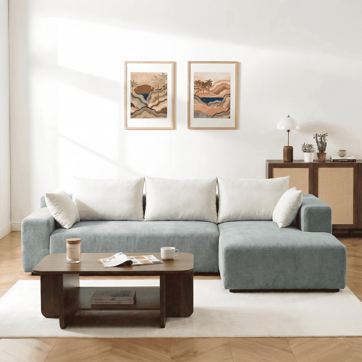 ECKSOFA Luna Salbei Weiß 3-Sitzer Rechts - Salbeigrün, Textil (267/175cm) - COCO Living
