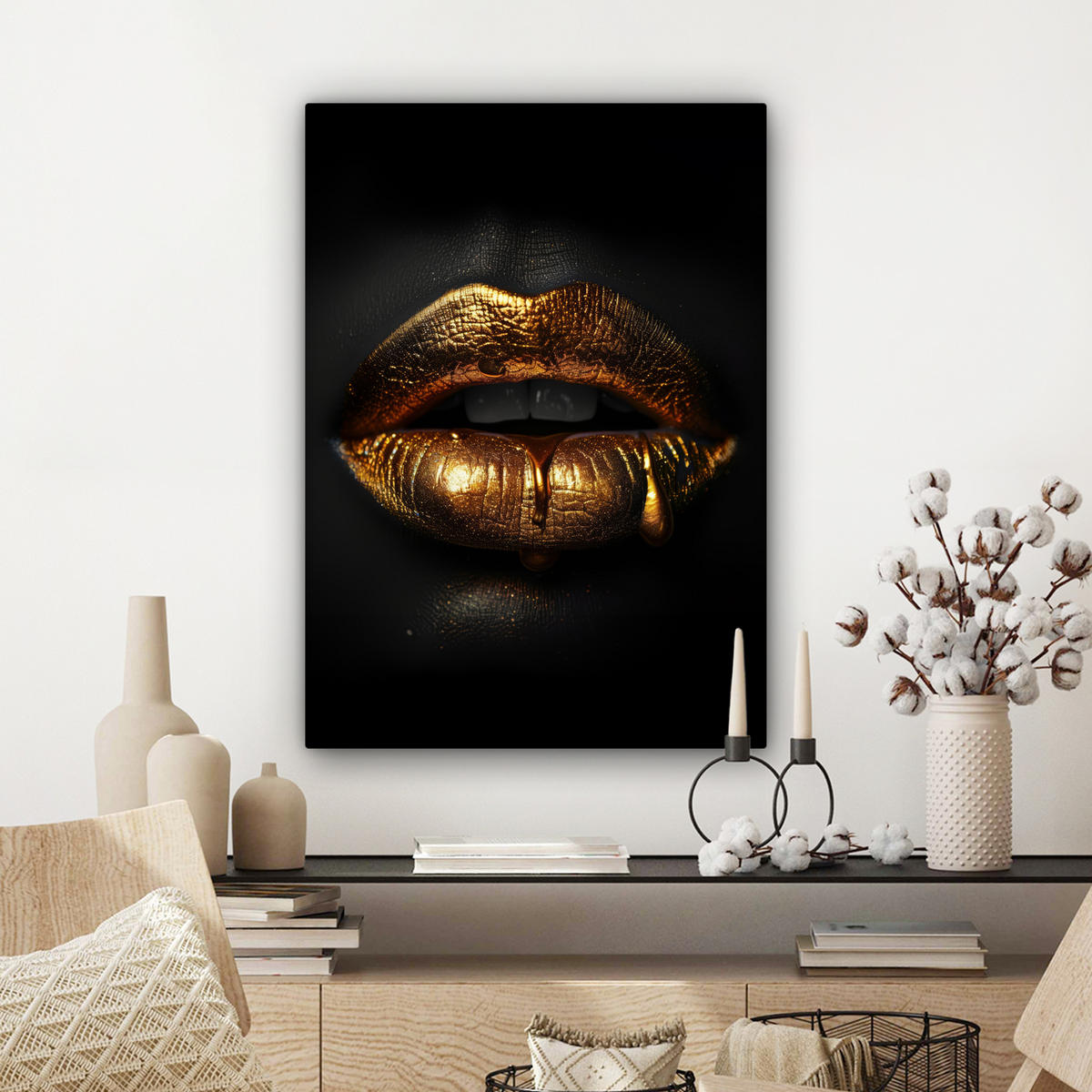 LEINWANDBILD Frau - Porträt - Lippen - Gold - Schwarz Wandbild Wohnzimmer 60x80 cm - Schwarz, Textil (60/80cm) - MuchoWow