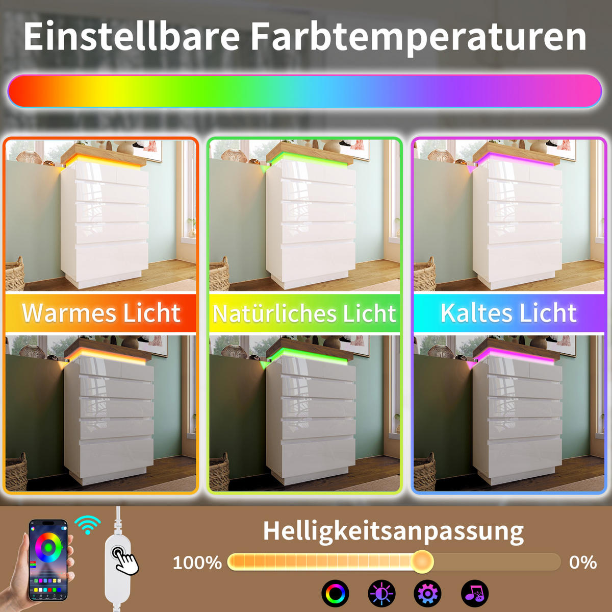 SIDEBOARD 73/115/39 cm Weiß aus Spanplatte und MDF mit LED-Beleuchtung - Weiß, Holzwerkstoff (39/115/73cm) - OKMYHOME