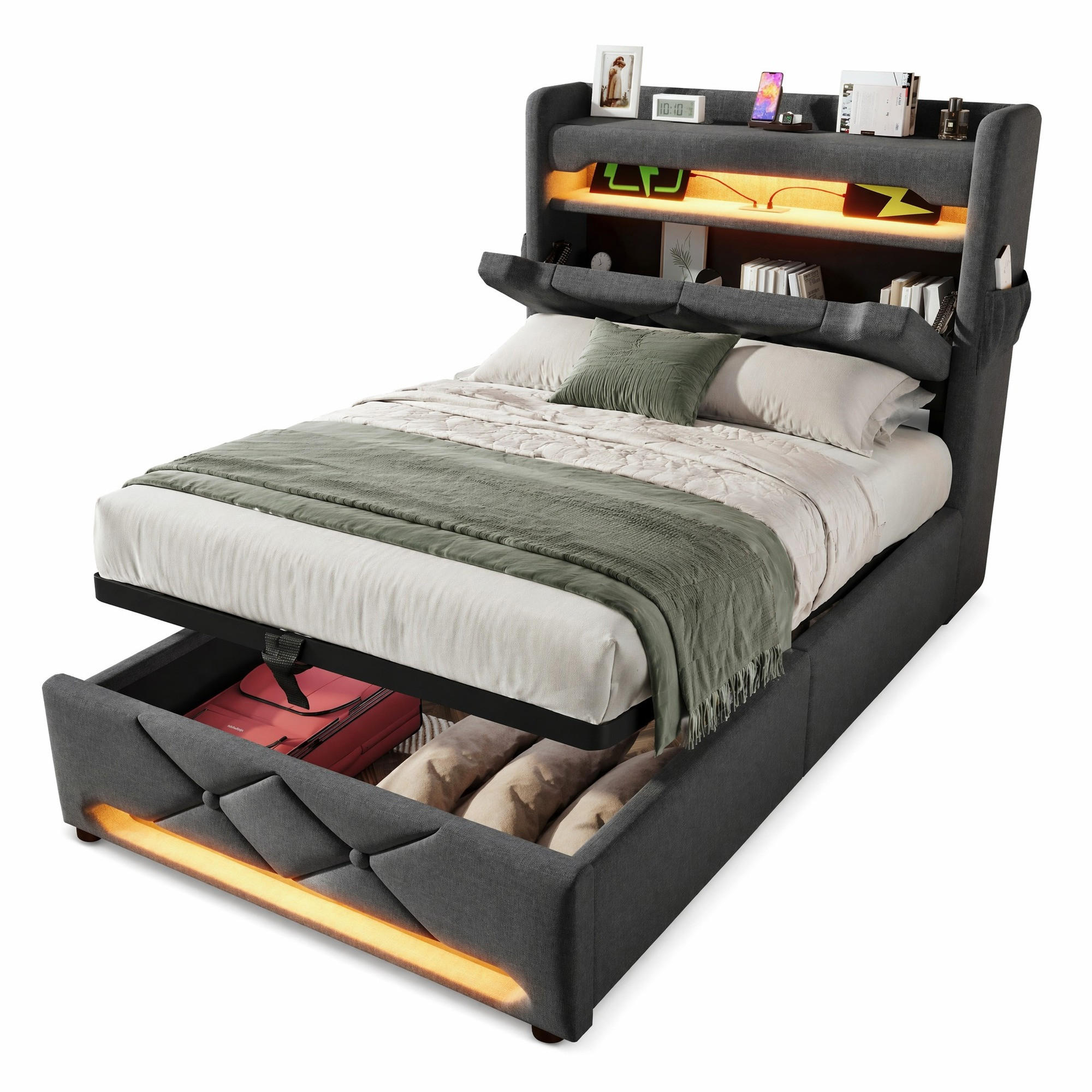POLSTERBETT 90/200 cm in Grau mit Bettkasten, LED, USB und Matratze aus Leinen - Grau, Holzwerkstoff/Textil (90/200cm) - CHICFURN