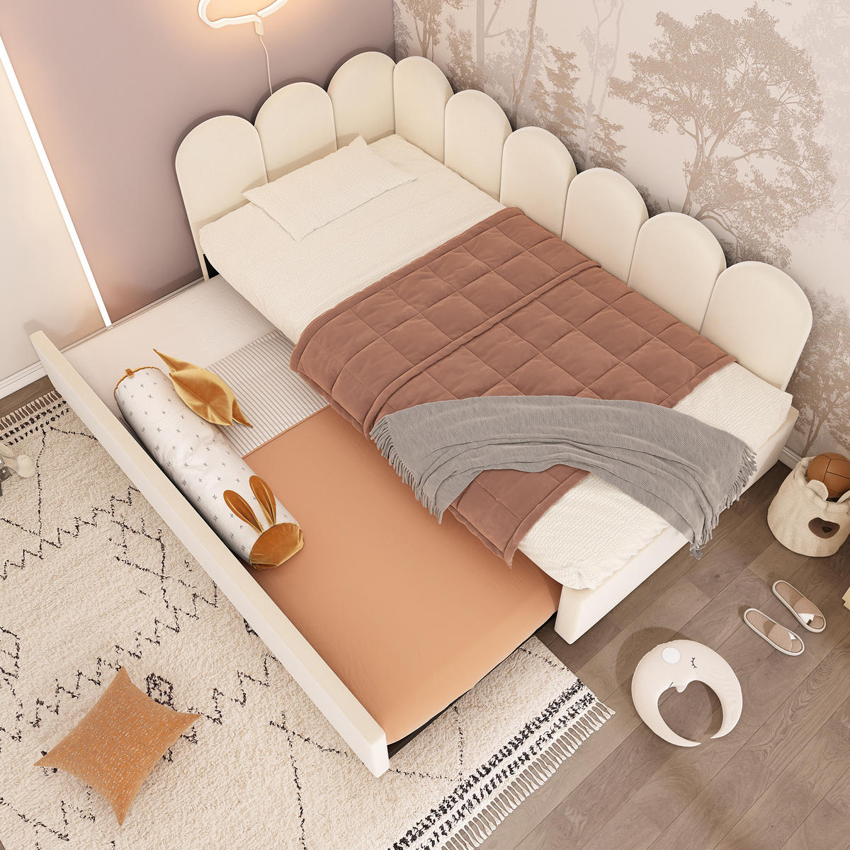 KINDERBETT Polsterbett 90/200 cm aus Samt mit Ausziehbett Beige - Beige, Textil (90/200cm) - Modenvie