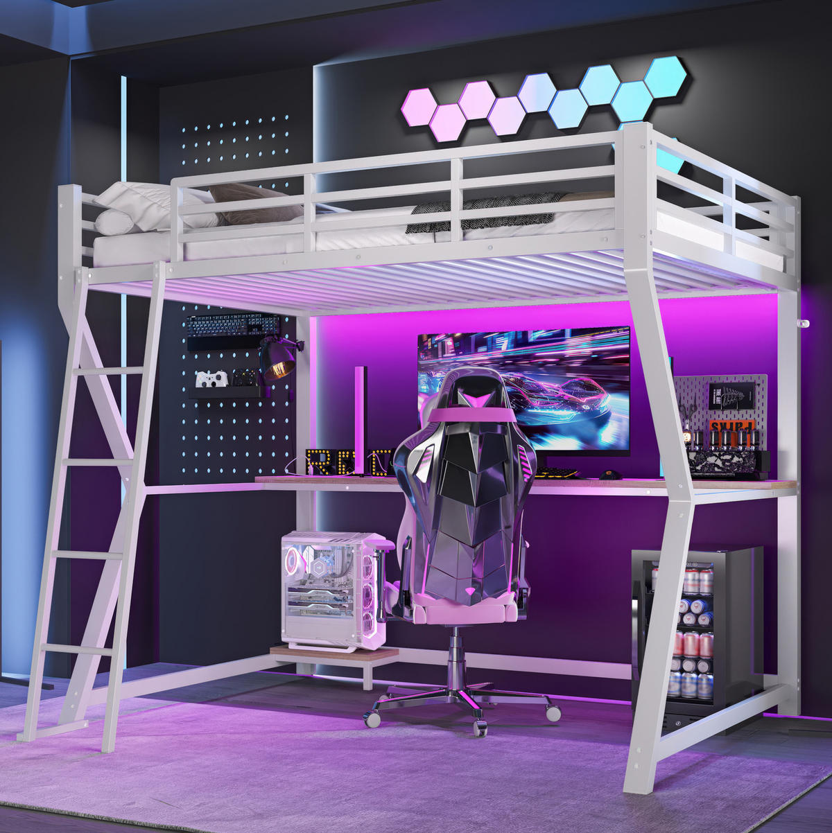 HOCHBETT 90/200 cm in Weiß mit LED-Beleuchtung, Schreibtisch und USB - Weiß, Metall (90/200cm) - Flora Grace