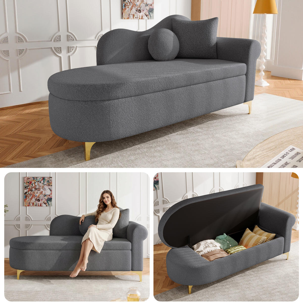 CHAISELONGUE mit Stauraum 134 cm, Teddyplüsch, modernes Design, wellenförmige Rückenlehne, inkl. Lenden- & Nackenkissen - Grau, Textil (64/70/134cm) - Ej. Life