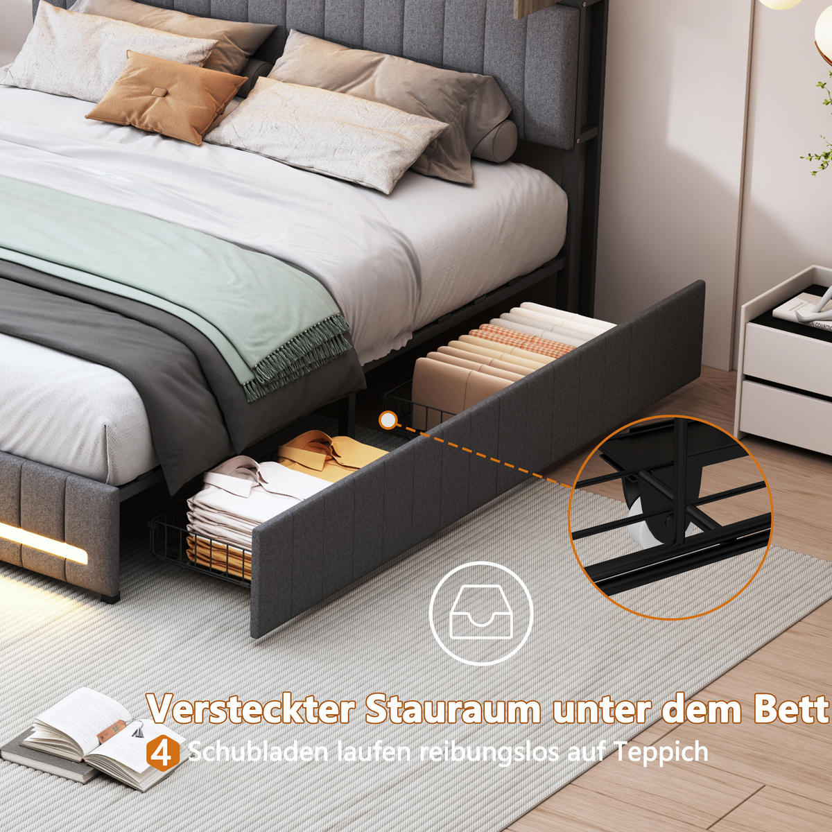 POLSTERBETT 90x200 cm in Grau mit Schubladen,Stauraum Kopfteil & LED - Grau, Holz/Metall (90/200cm) - PARAFTA HOME