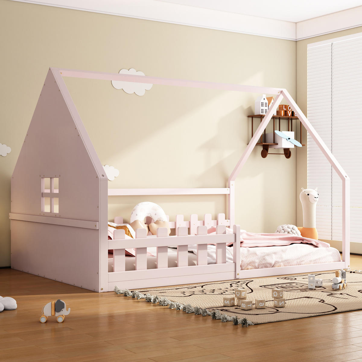 HAUSBETT 140/200 cm in Rosa aus Kiefernholz und MDF mit Hausrahmen - Rosa, Holz (140/200cm) - OKMYHOME