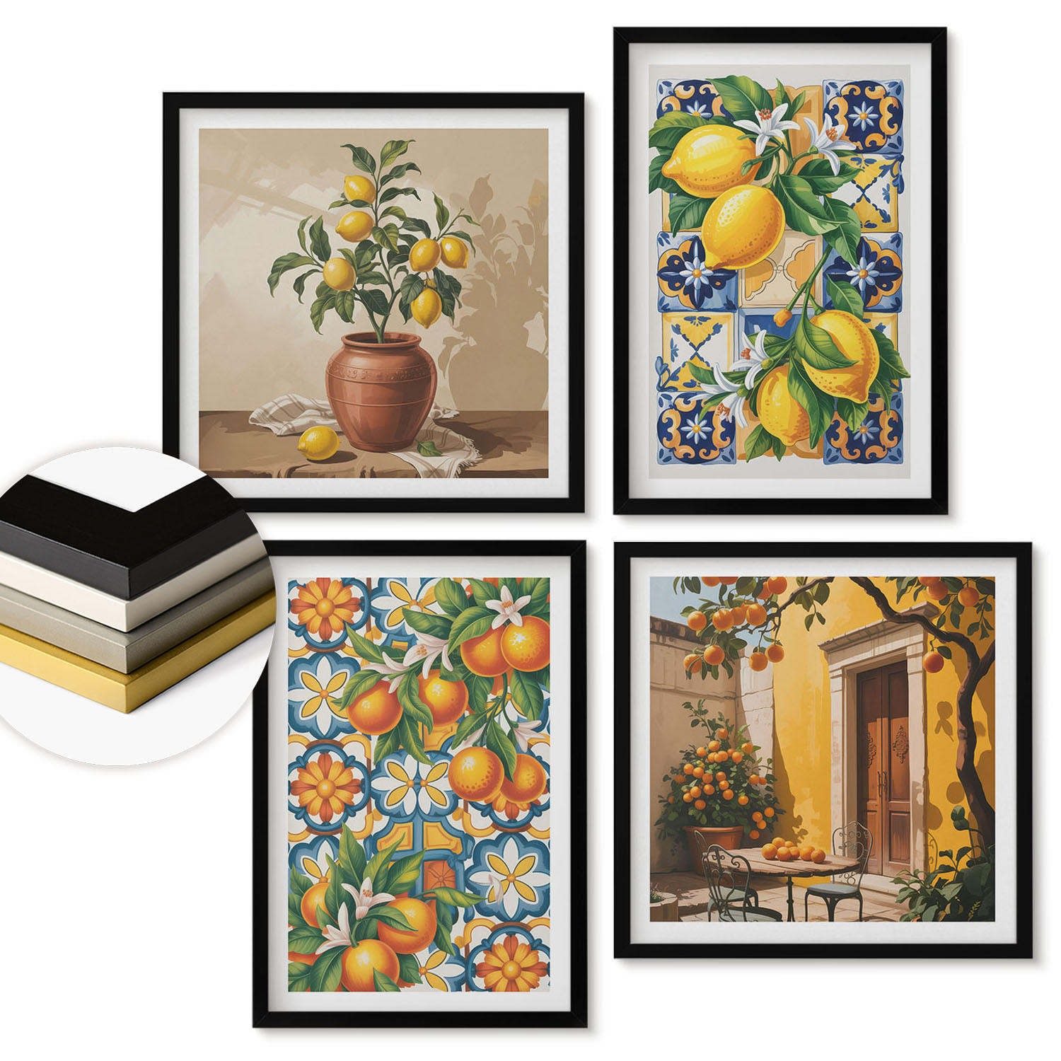 WANDBILDER 4er-Set - 50x50 cm & 40x60 cm Schwarzer Rahmen - Zitronenorange Blütenmuster - Schwarz, Kunststoff (50/50cm) - ArtPrintCave